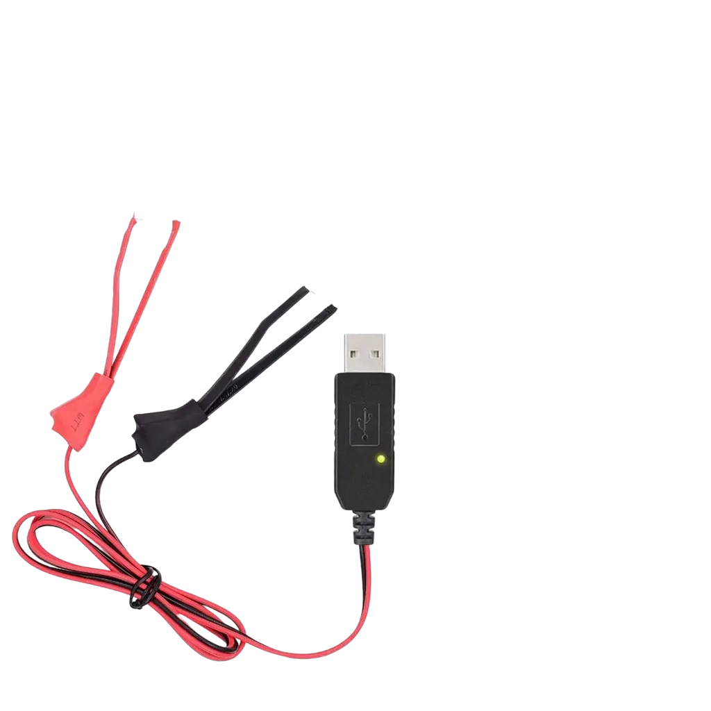 Black USB walkie talkie charger cable for Baofeng UV5R with red and black cables and a green indicator light