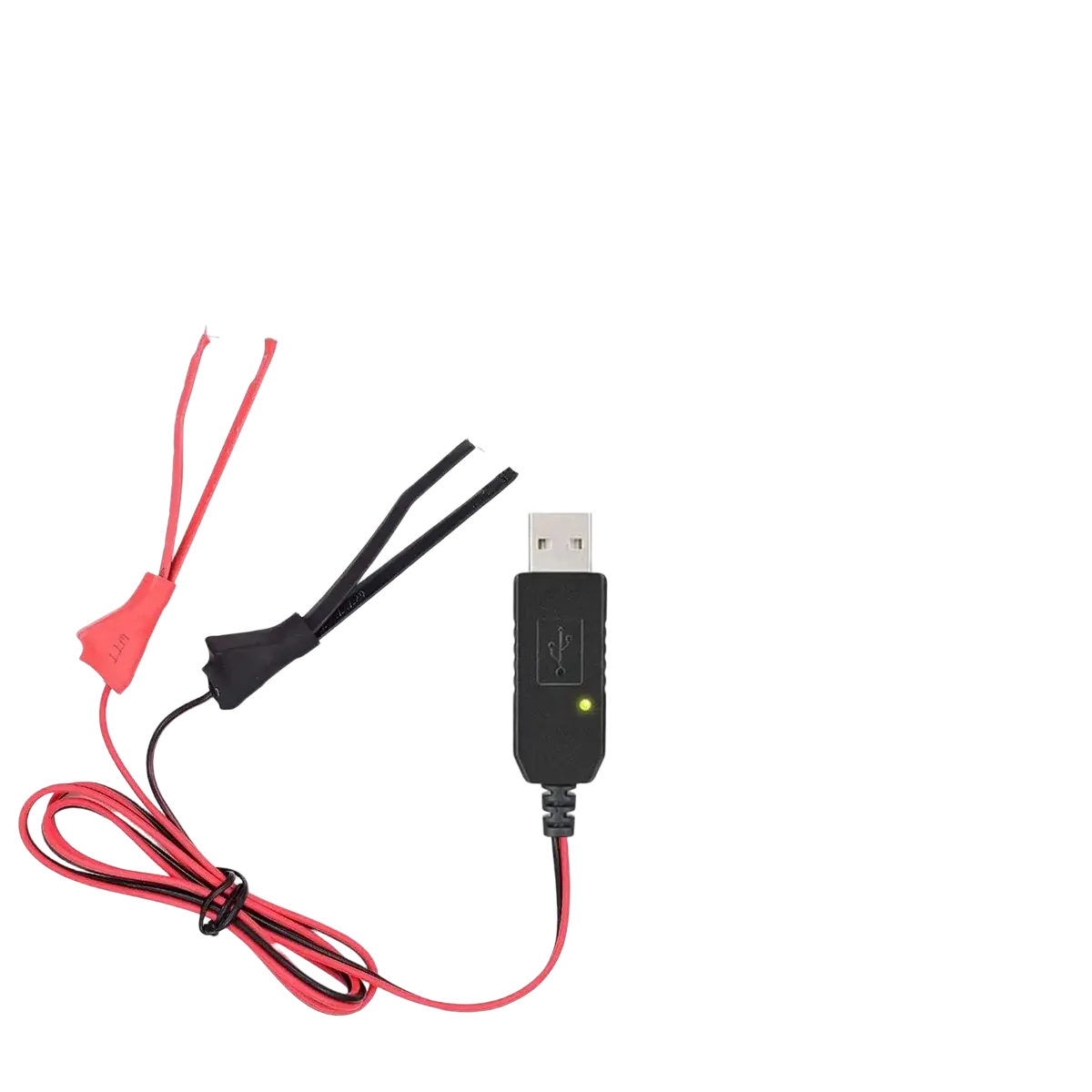 Black USB walkie talkie charger cable for Baofeng UV5R with red and black cables and a green indicator light
