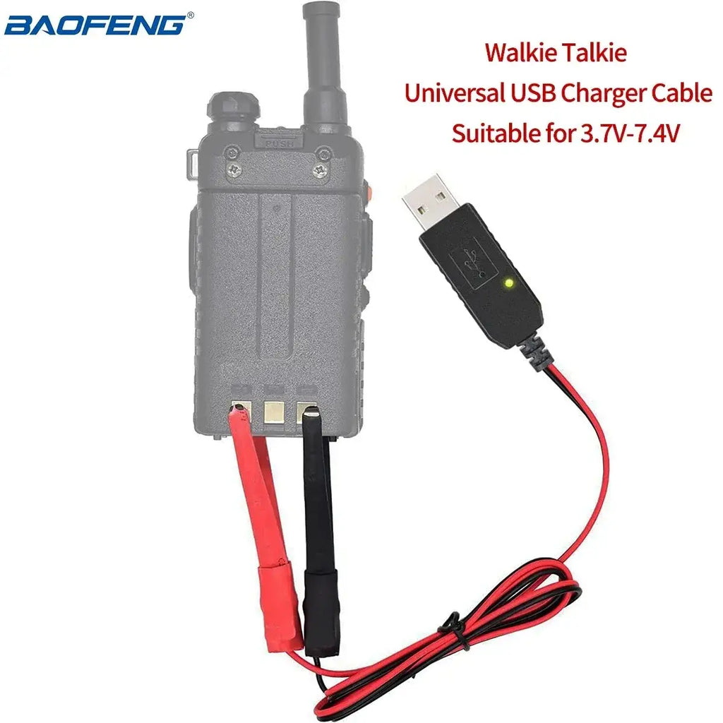 Black USB walkie talkie charger cable with red and black wires for Baofeng UV5R 3.7v to 7.4v devices