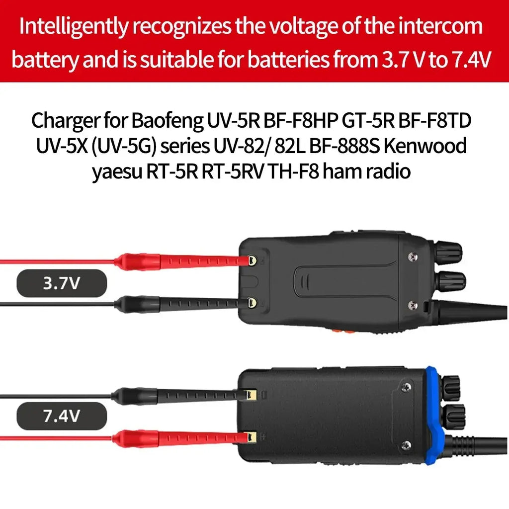 Black usb walkie talkie charger cable with red and blue connectors for 3.7v and 7.4v batteries compatible with baofeng and kenwood radios