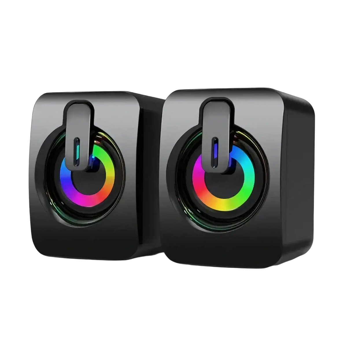Black cube-shaped usb wired computer speakers with colorful rgb led lighting around circular drivers
