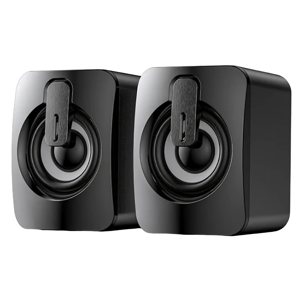 Black glossy usb wired computer speakers with sleek square design integrated handle and rgb led lights