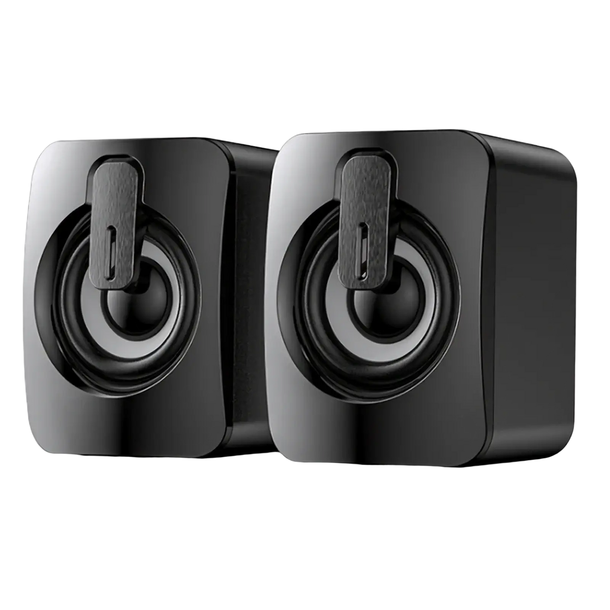 Black glossy usb wired computer speakers with sleek square design integrated handle and rgb led lights