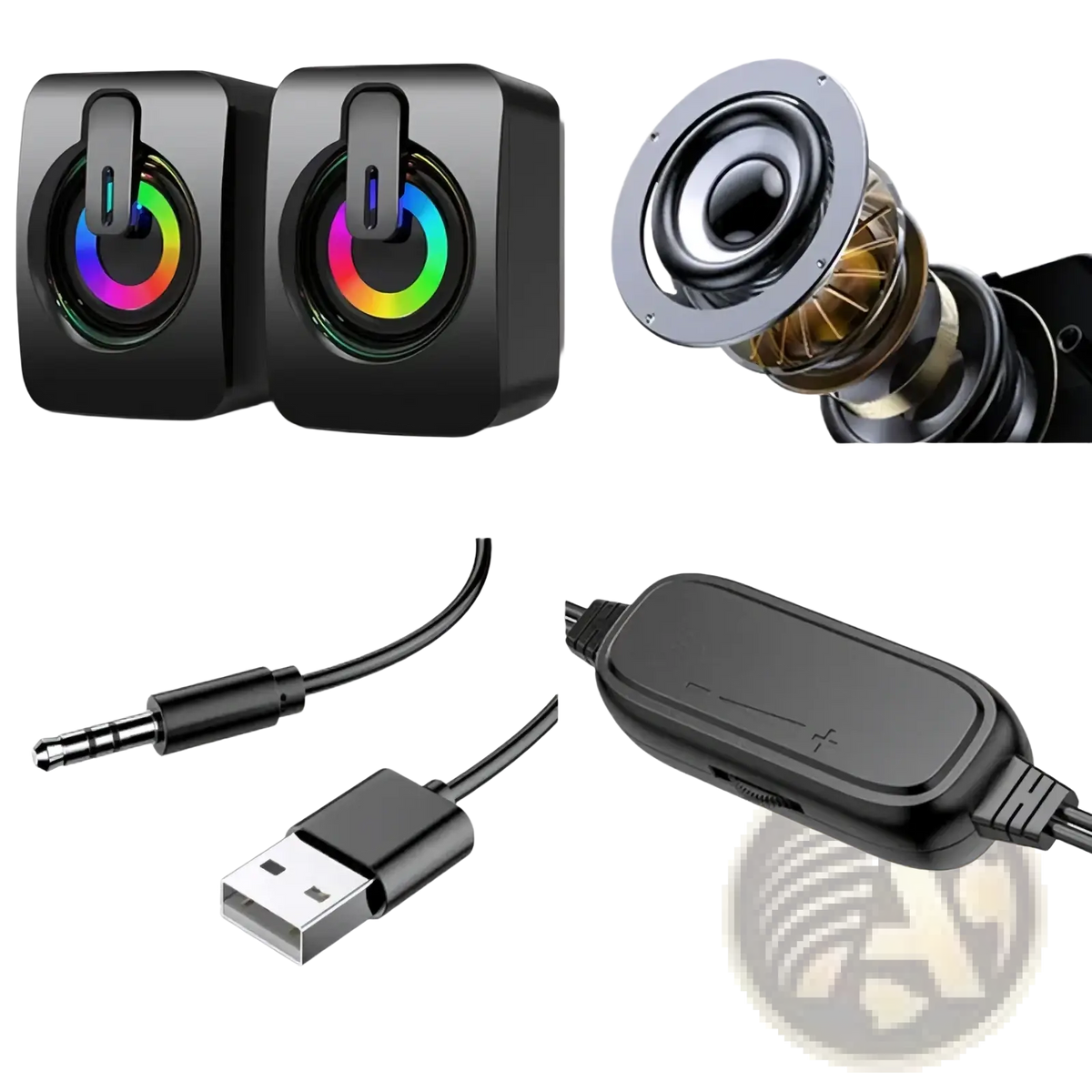 Black high gloss usb wired computer speakers with rgb led lights and 50mm full band driver for desktop use