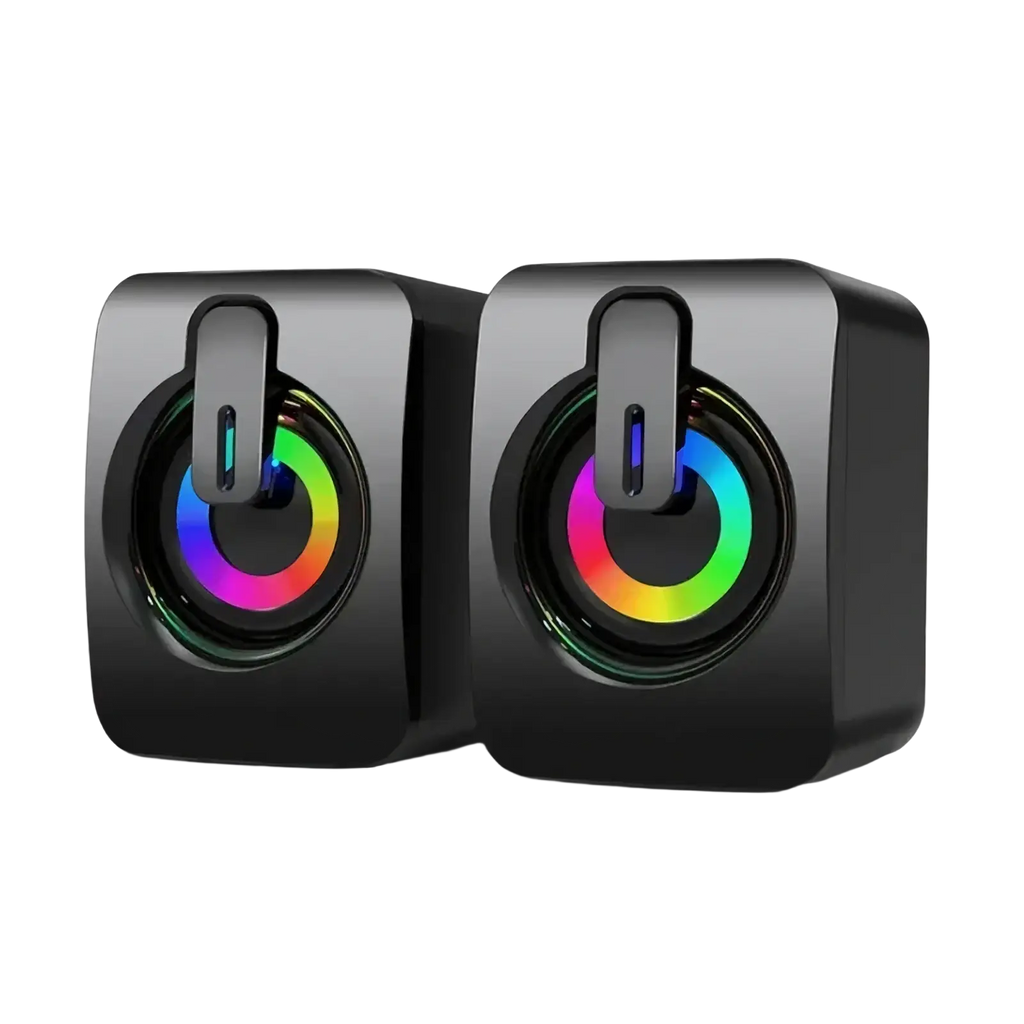 Black niye usb wired computer speakers with colorful rgb led lighting around circular drivers for desktop use