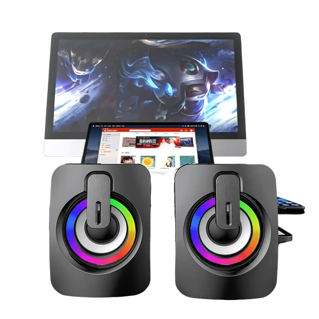 Black rectangular usb wired computer speakers with circular rgb led lighting rings and central handle grip