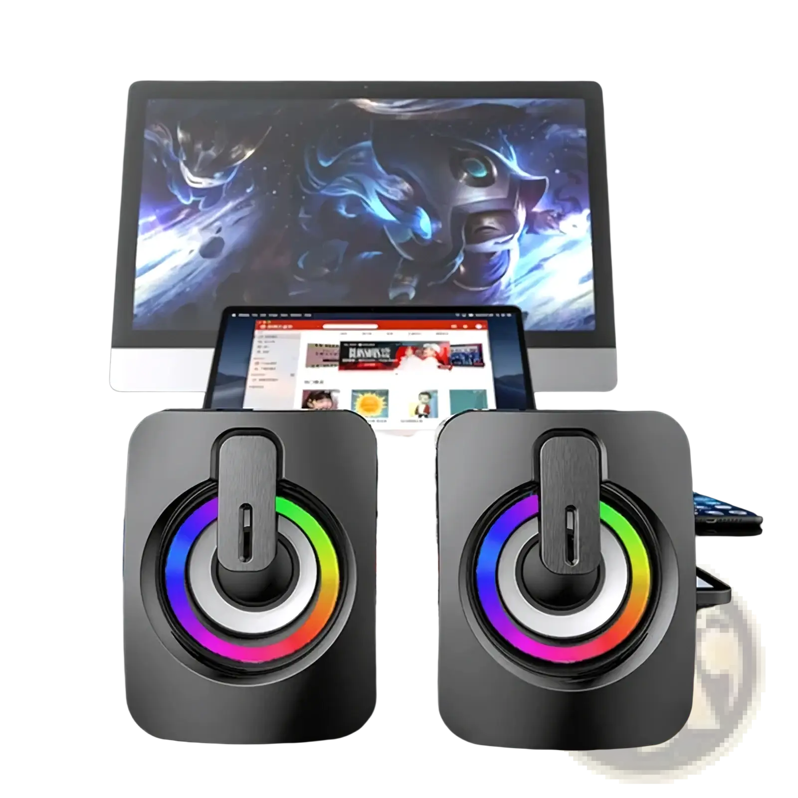 Black rectangular usb wired computer speakers with circular rgb led lighting rings and central handle grip