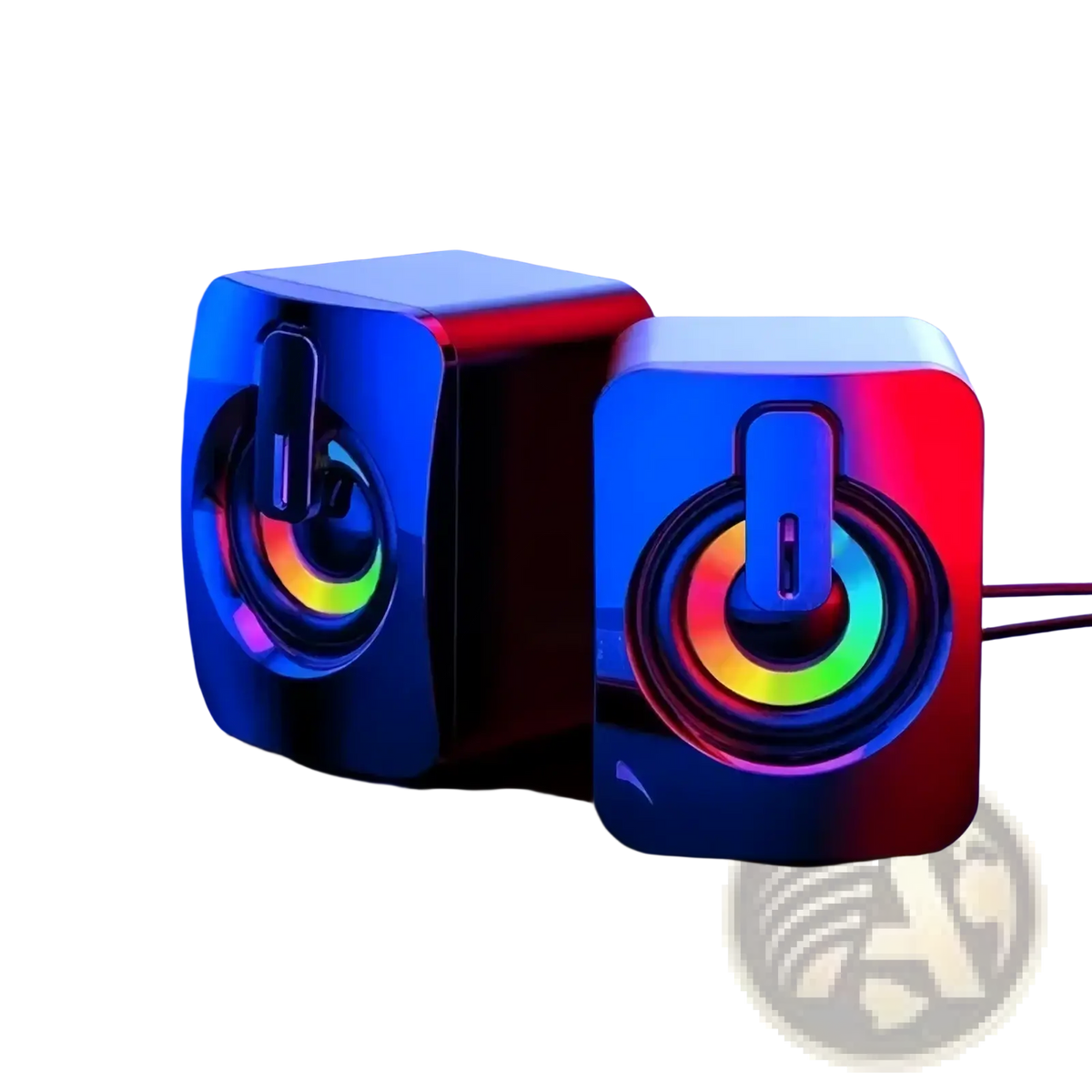 Usb wired computer speakers with sleek cube shape, metallic finish, and vibrant rgb led rainbow illumination