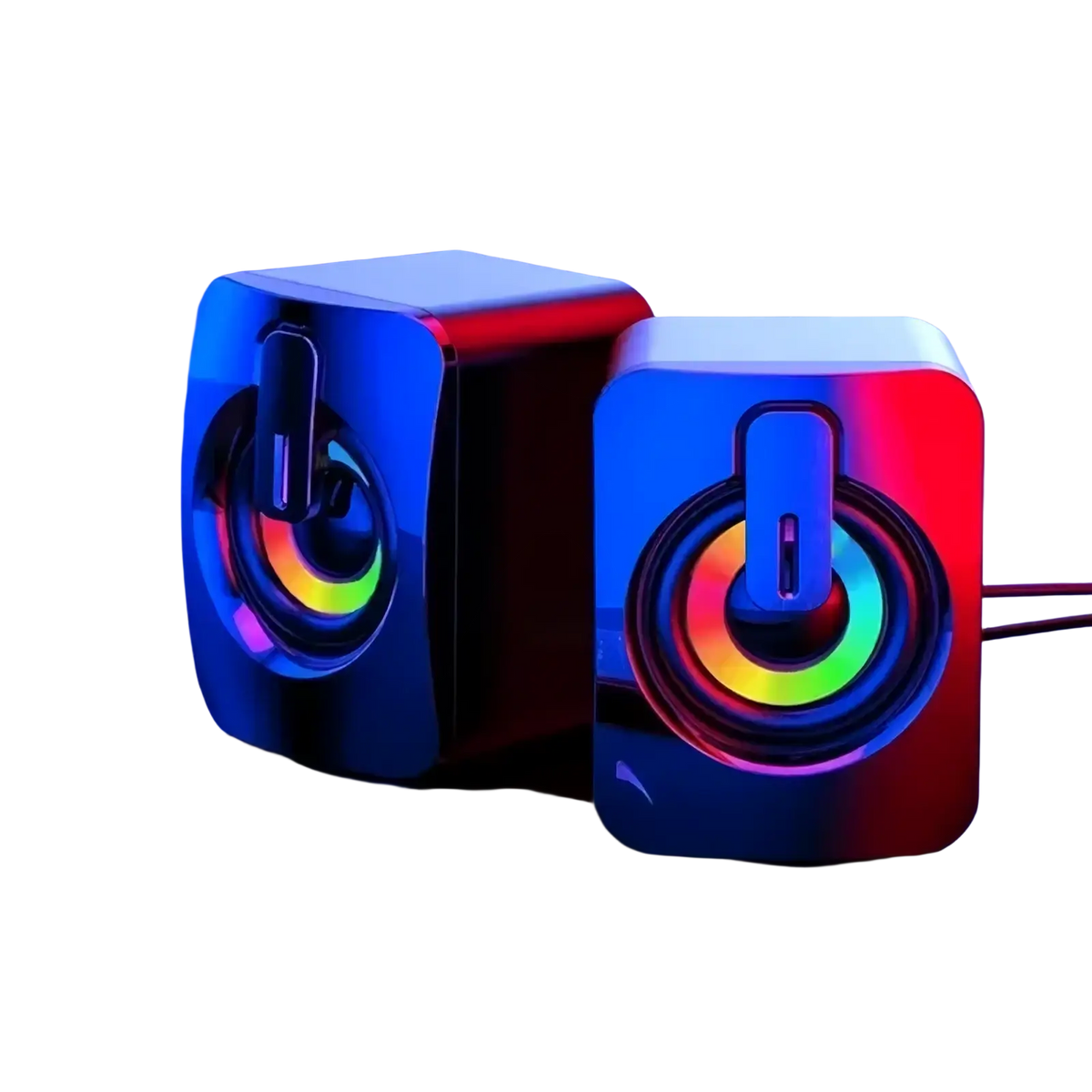 Usb wired computer speakers with sleek cube shape, metallic finish, and vibrant rgb led rainbow illumination