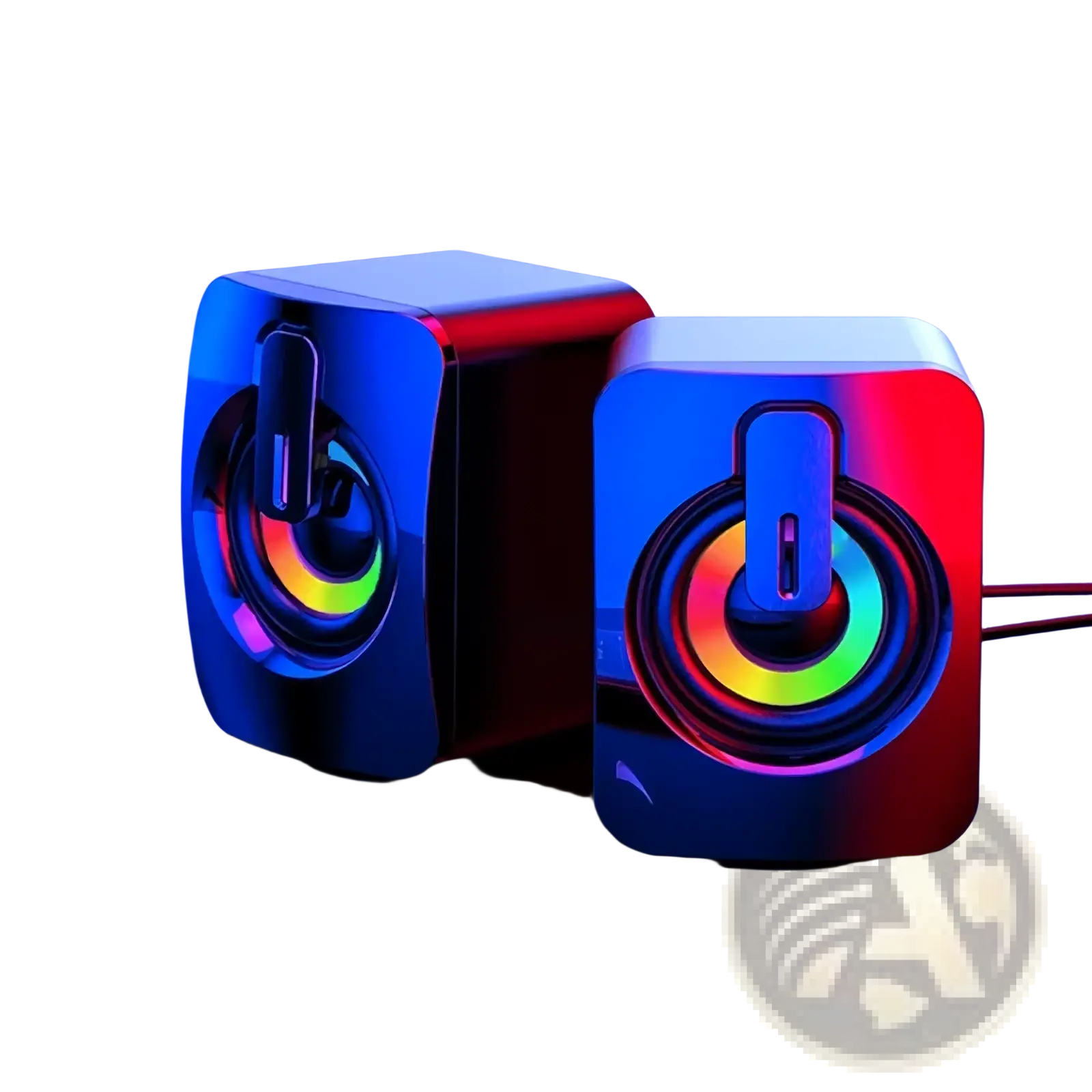 Usb wired computer speakers with rgb led lights featuring cube-shaped design, glossy metallic finish, and rainbow illumination