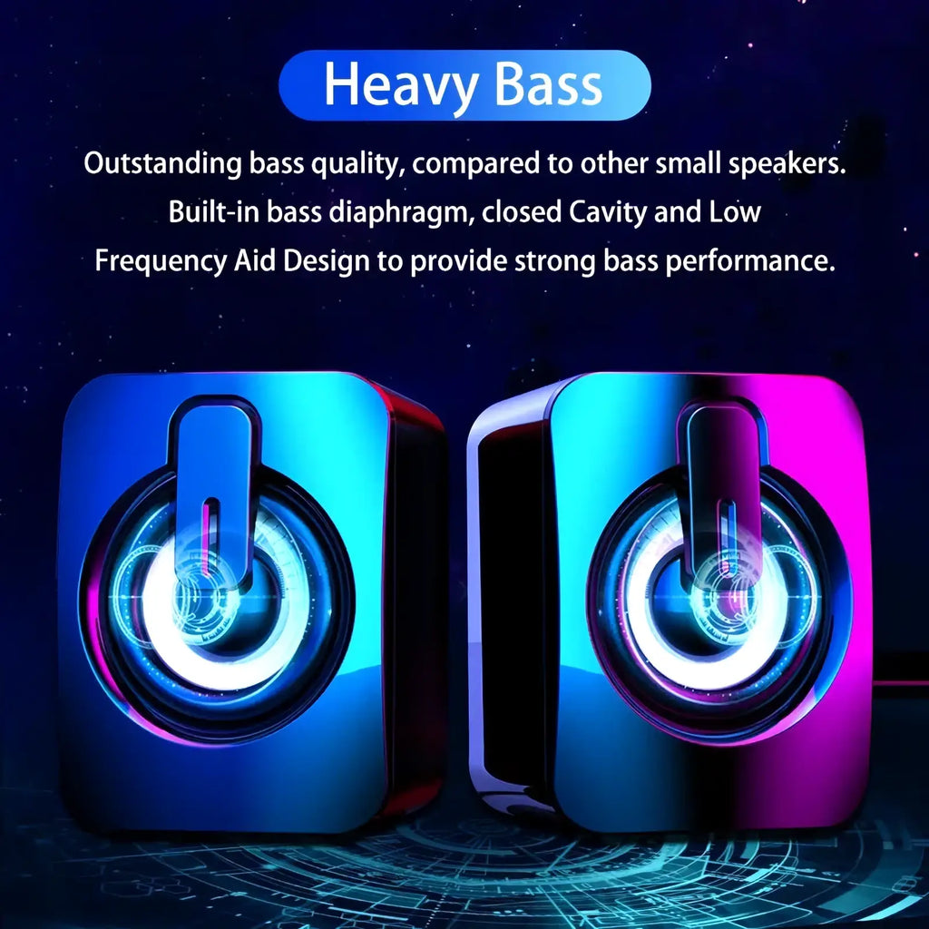 A pair of usb wired computer speakers with sleek rectangular design and vibrant blue and purple rgb led lighting accents