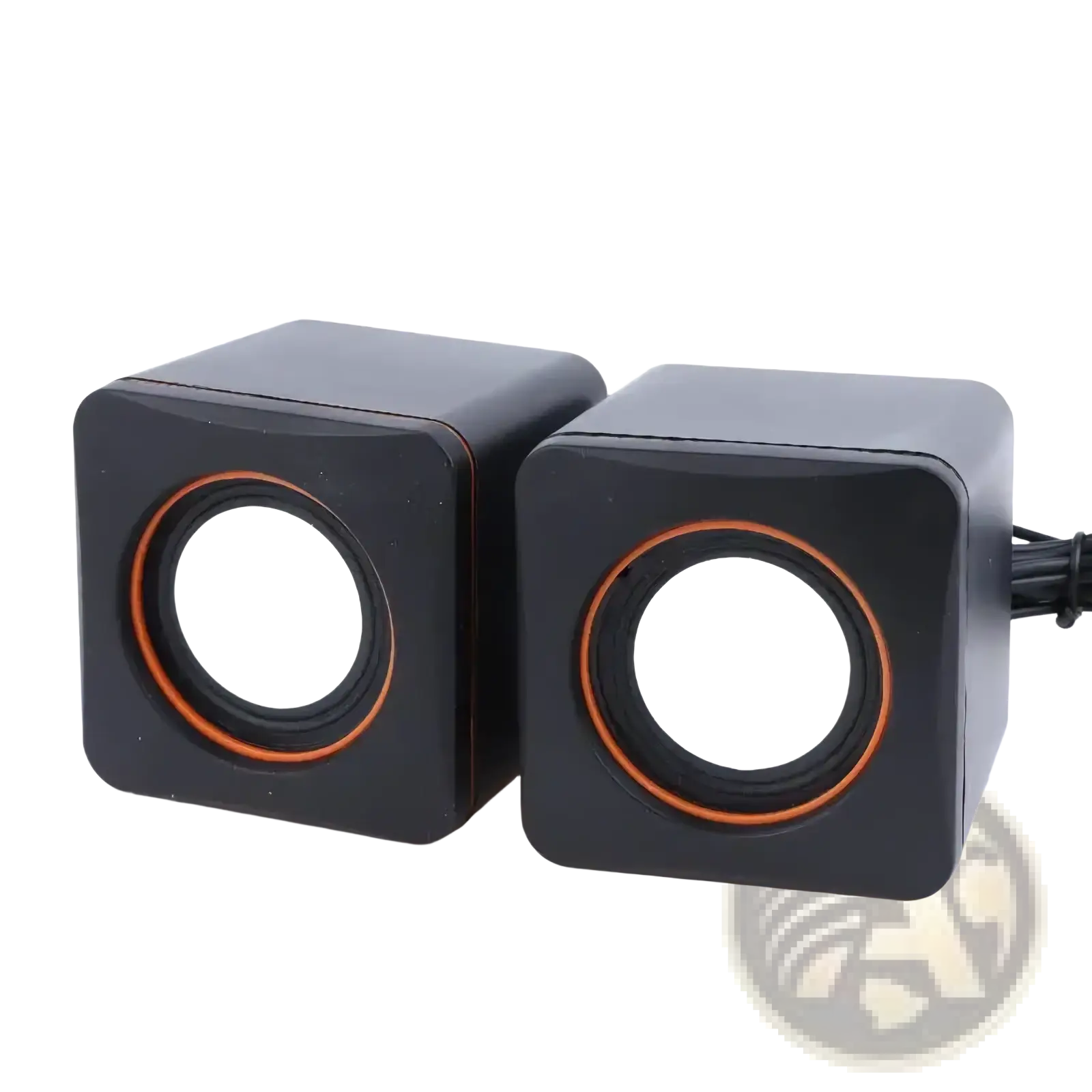 Black cube-shaped usb wired led computer speakers with orange-rimmed circular drivers for stereo pc audio