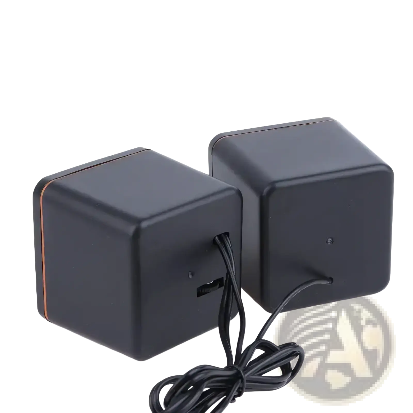 Black cube-shaped usb wired led computer speakers with matte finish and copper trim for stereo pc audio use
