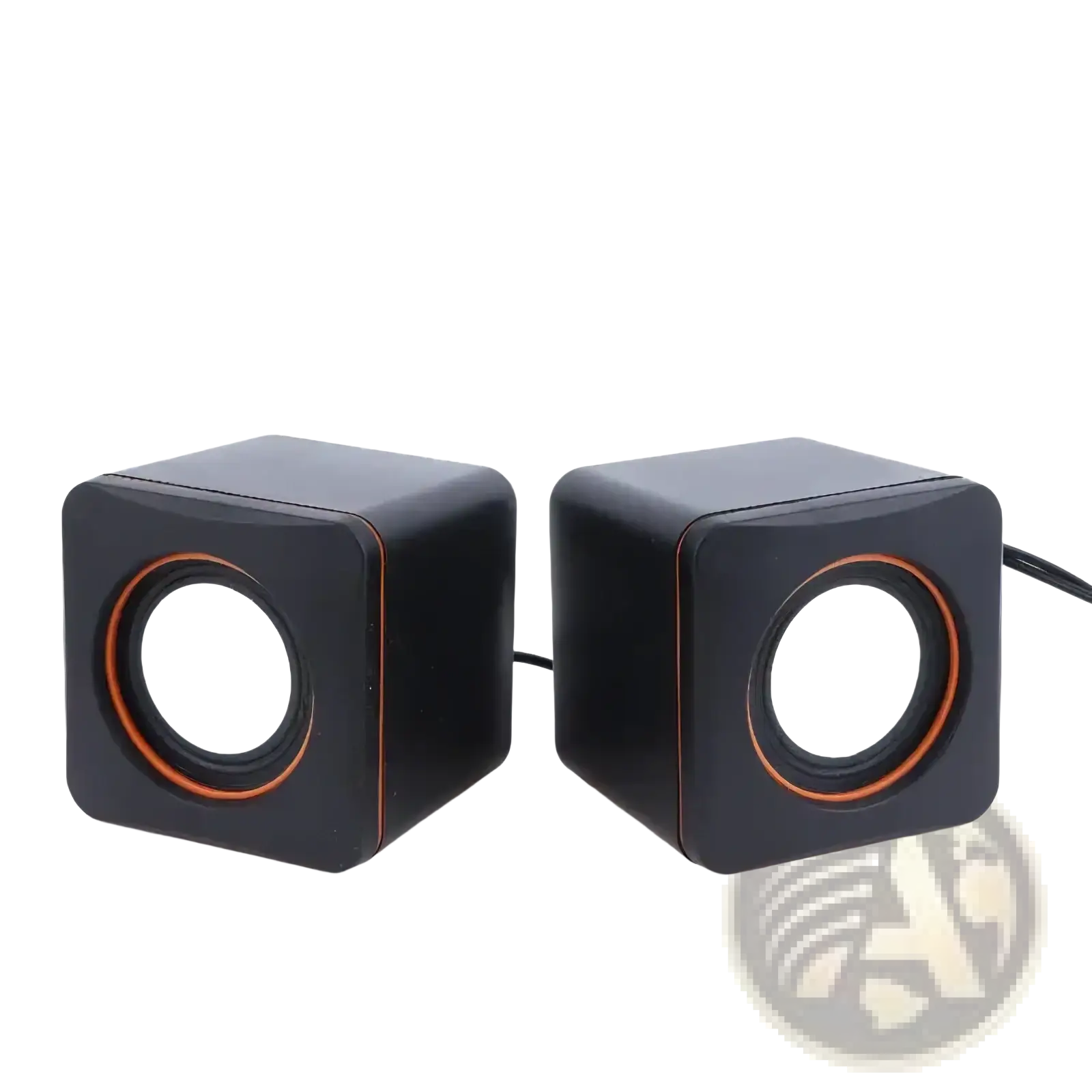 Black cube-shaped usb wired led computer speakers with orange-accented circular drivers for stereo pc audio