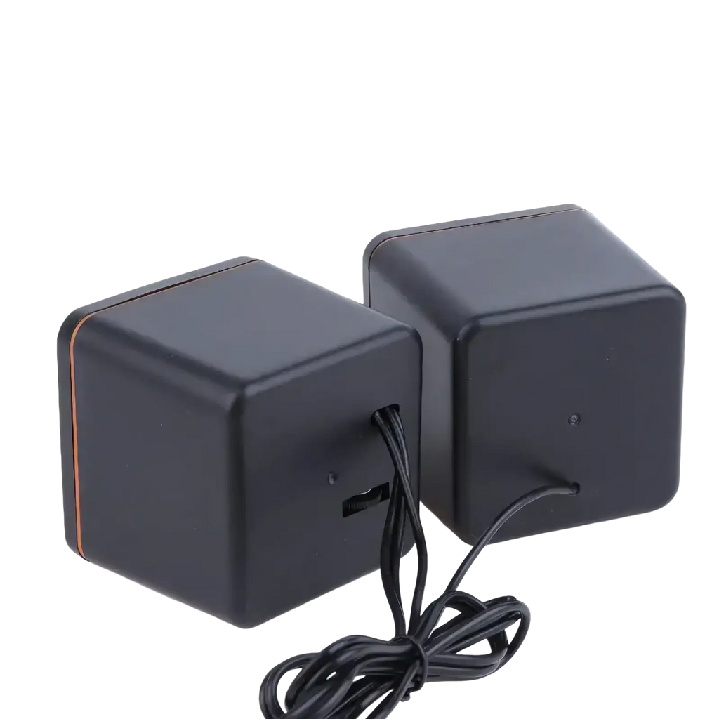 Black cube-shaped usb wired led computer speakers with matte finish and copper trim for stereo pc audio use