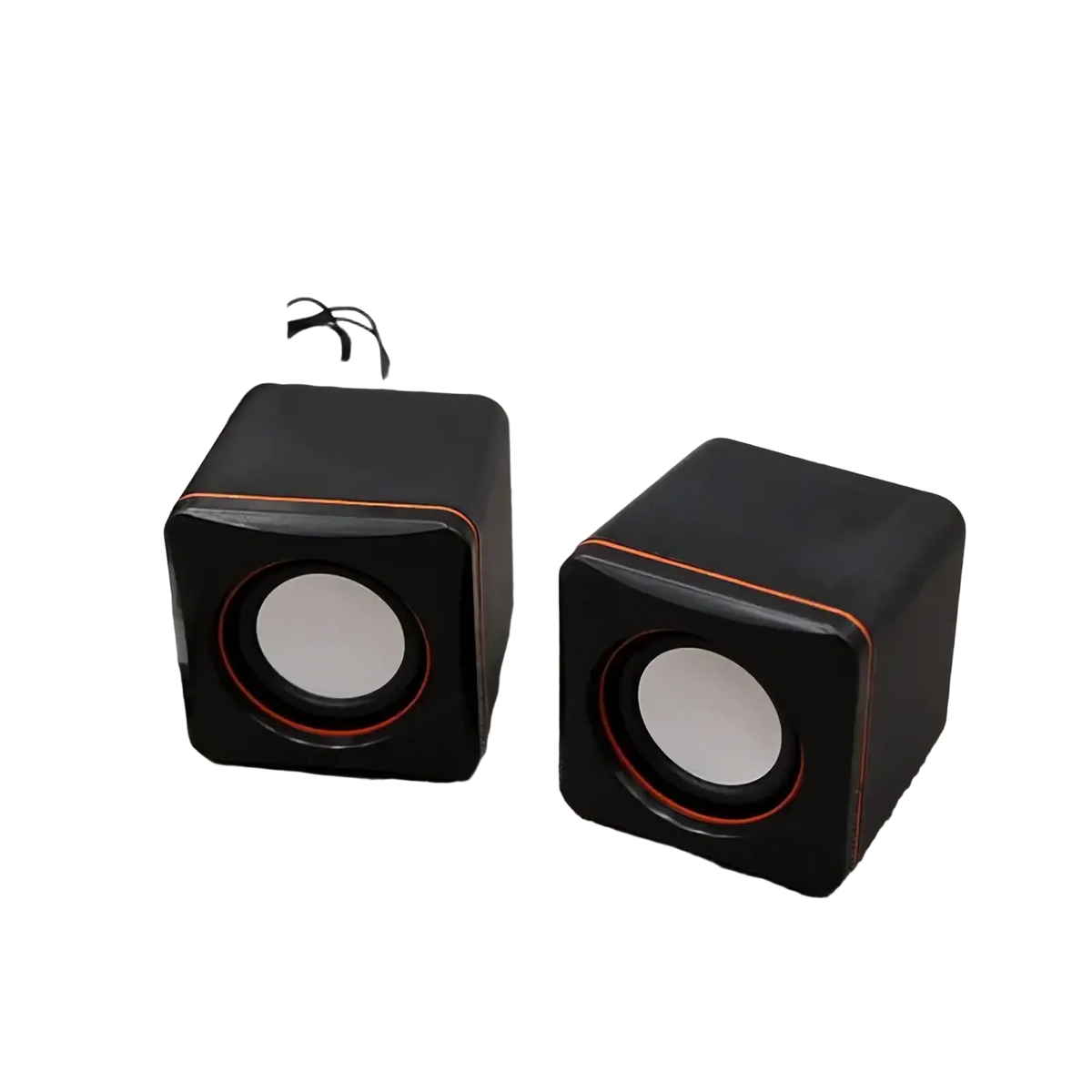 Black cube-shaped usb wired led computer speakers with orange trim for stereo pc audio use