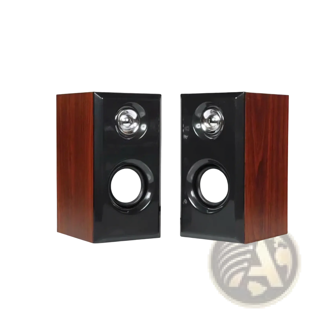 Pair of usb wooden computer speakers with glossy black front panels and wood-grain sides featuring two circular drivers each