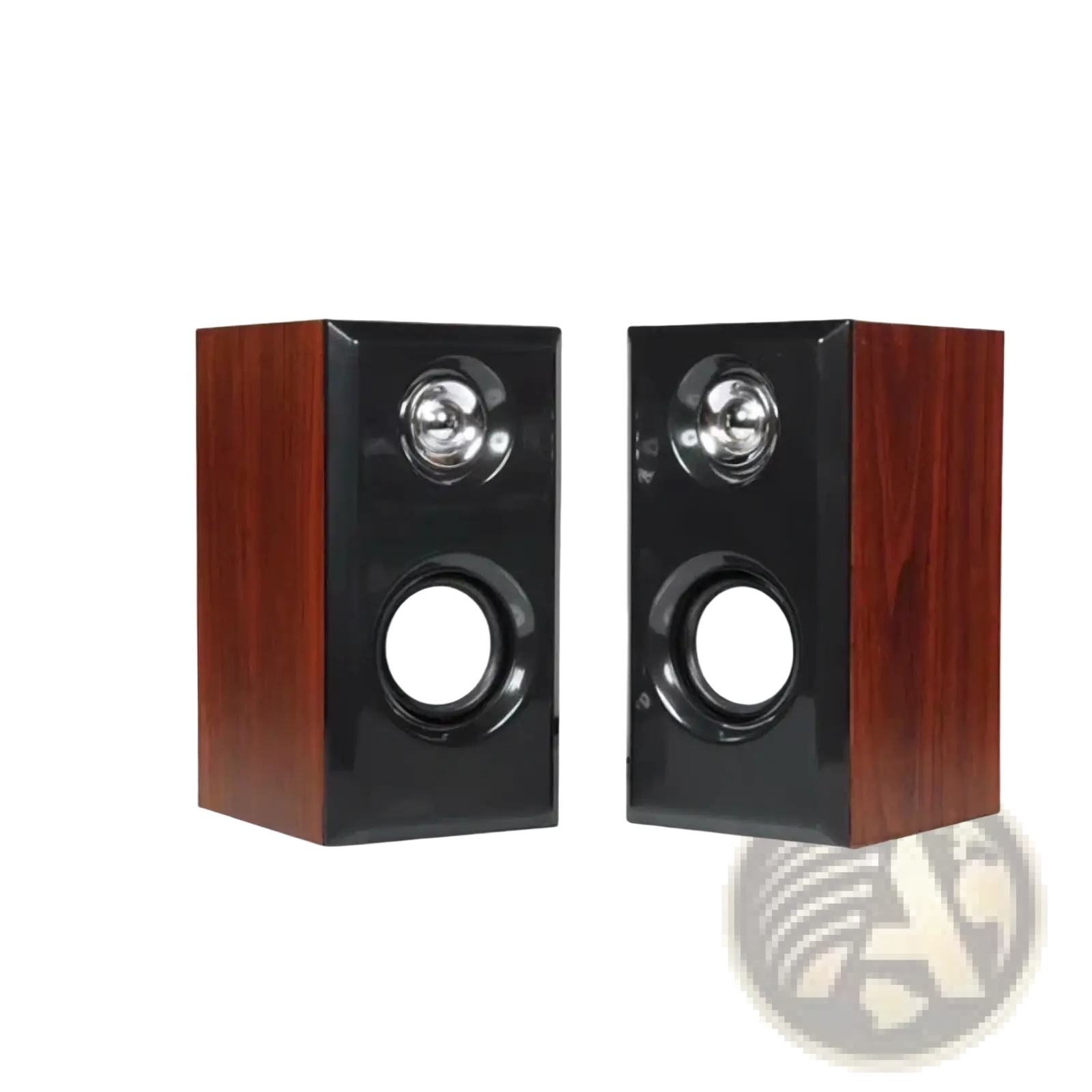 Pair of usb wooden computer speakers with glossy black front panels and wood-grain sides featuring two circular drivers each