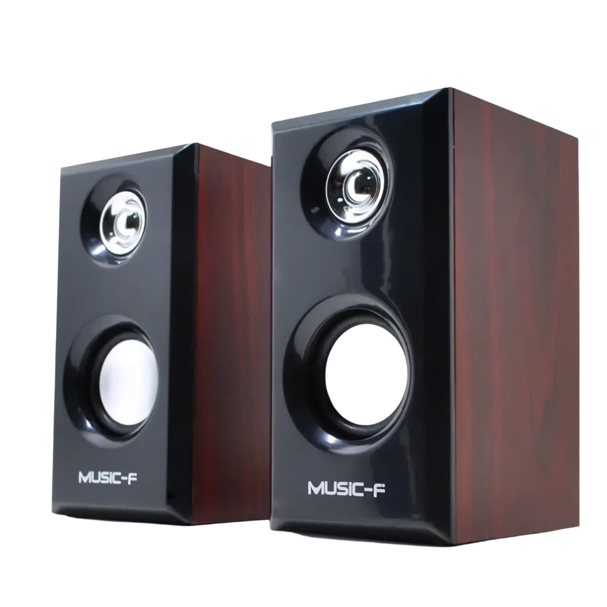 A pair of music-f usb wooden computer speakers with glossy black front and brown wood-grain sides featuring two drivers each