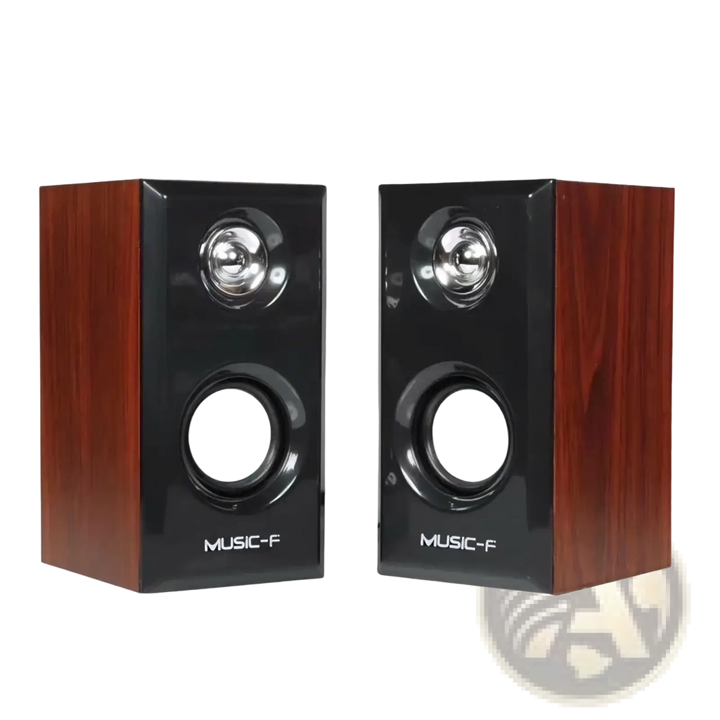 A pair of music-f usb wooden computer bookshelf speakers with glossy black front and brown wood-grain sides