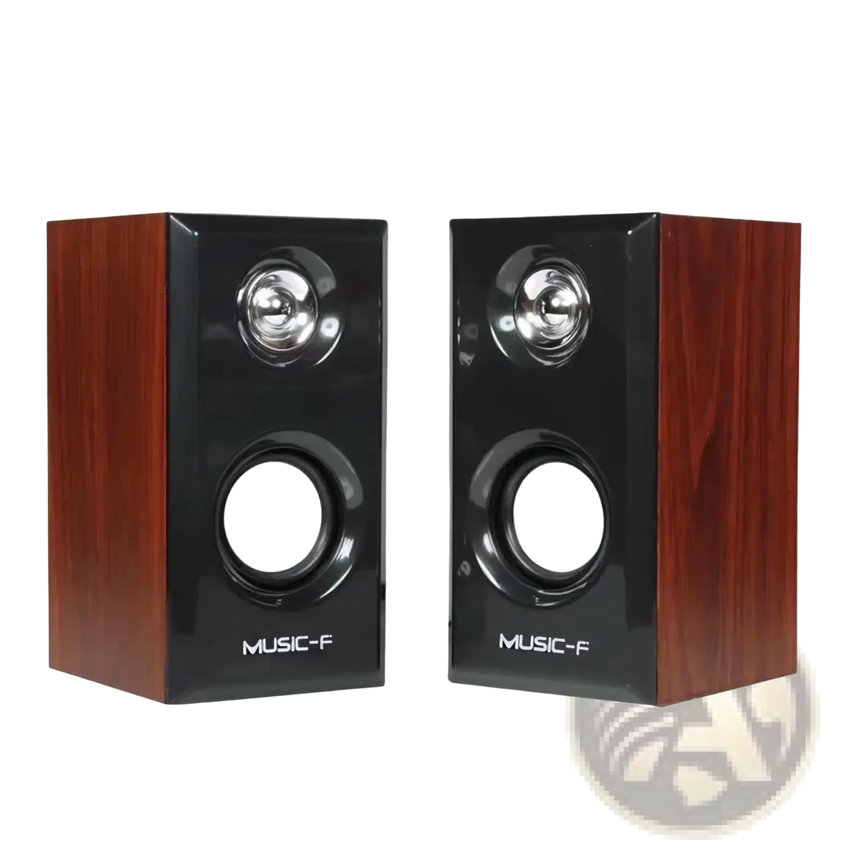 A pair of music-f usb wooden computer bookshelf speakers with glossy black front and brown wood-grain sides