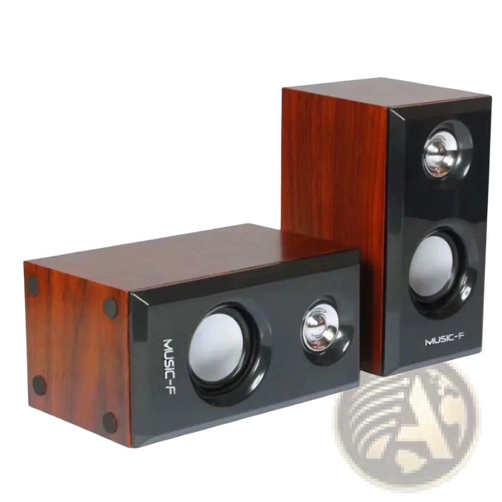 A pair of music-f usb wooden computer speakers with glossy wood-grain finish and black front panels with silver tweeters