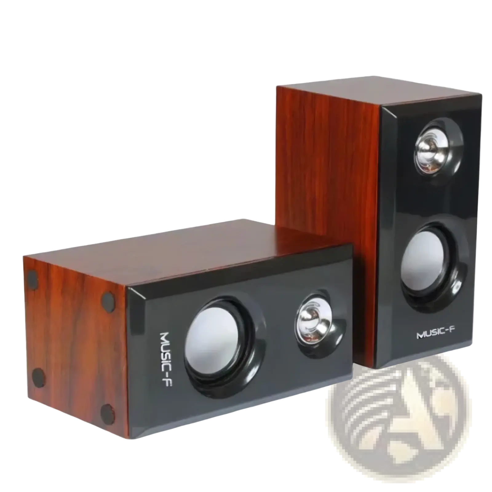 A pair of music-f usb wooden computer speakers with glossy wood-grain finish and black front panels with silver tweeters