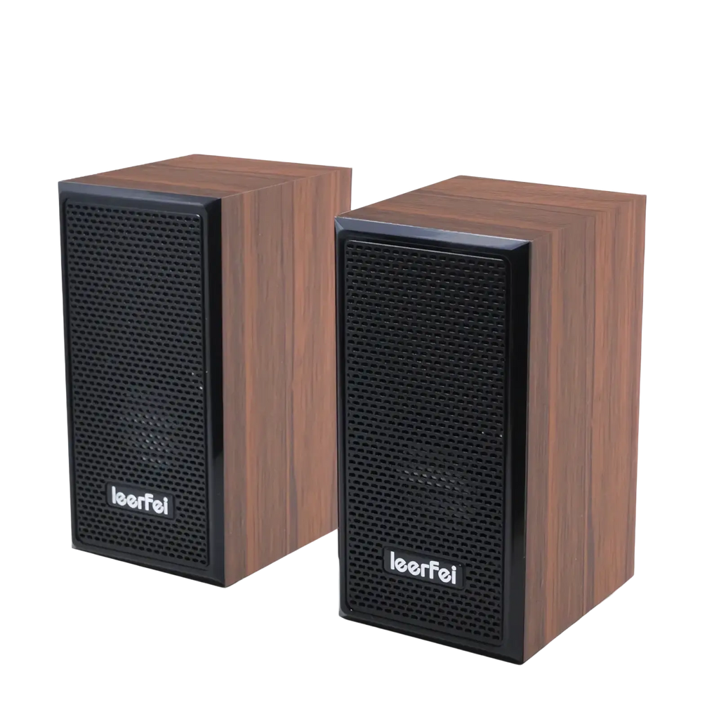 Pair of sleek wooden-finish USB computer speakers with black mesh grilles and leerfei branding for surround sound stereo