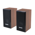 Pair of sleek wooden-finish USB computer speakers with black mesh grilles and leerfei branding for surround sound stereo