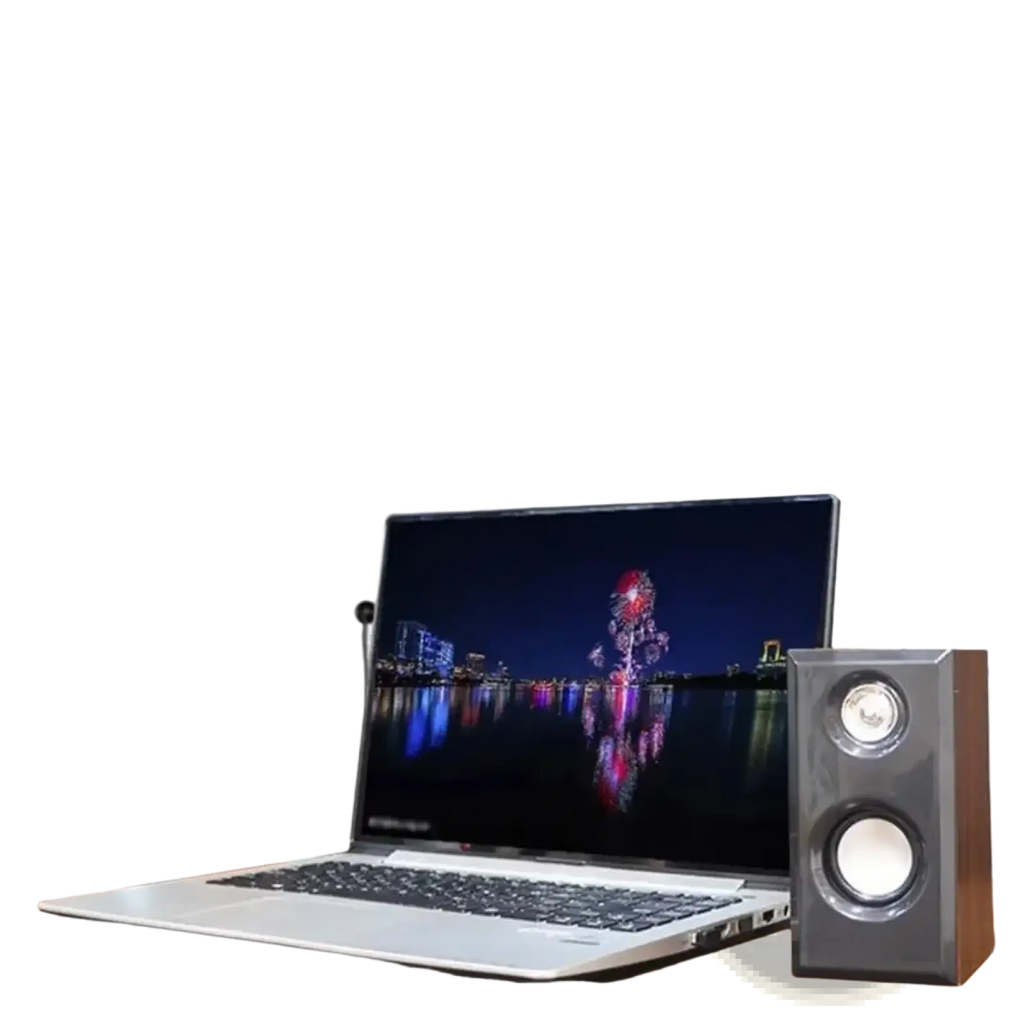 A pair of wood-finished usb wooden computer speakers with silver accents and dual circular drivers for surround sound stereo