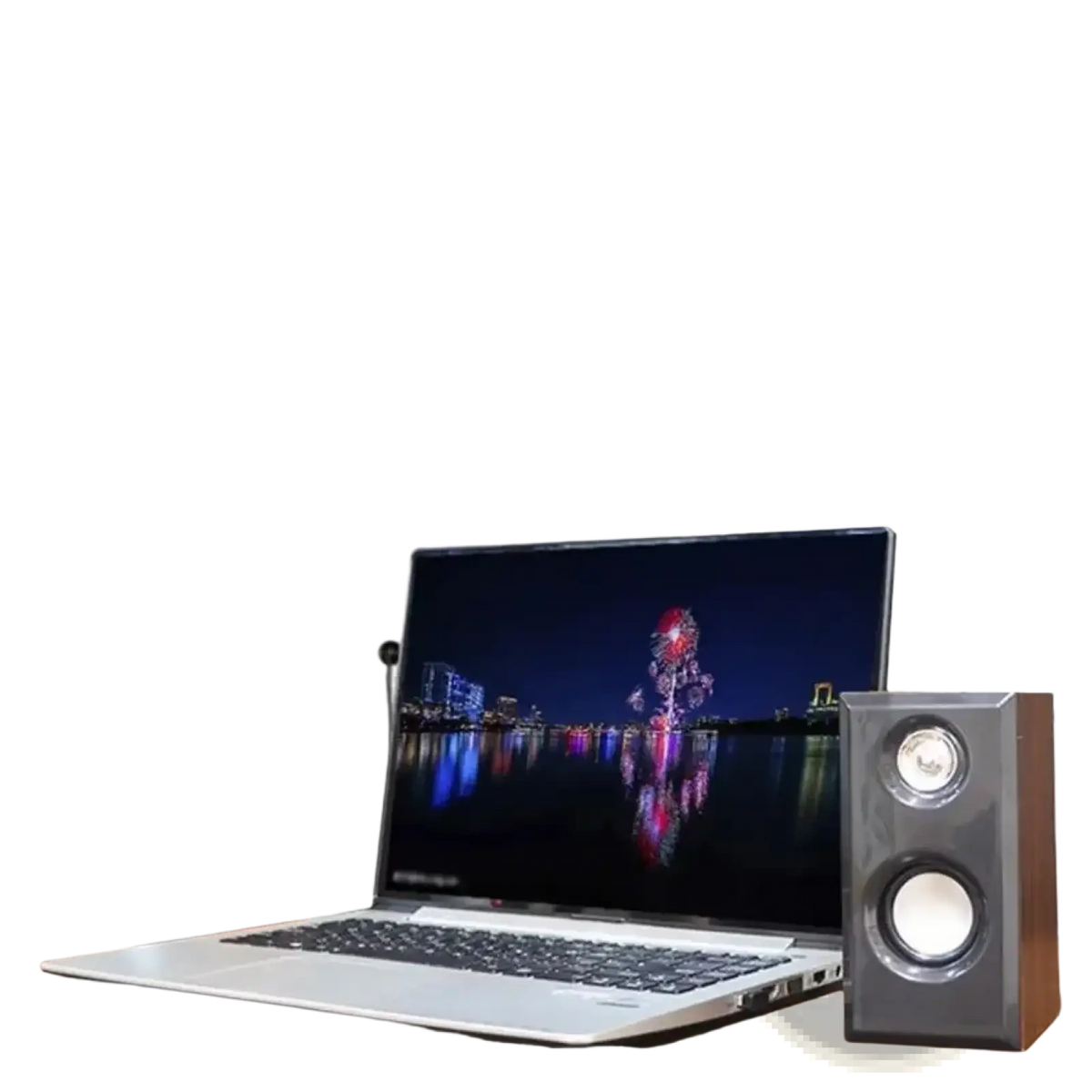 A pair of wood-finished usb wooden computer speakers with silver accents and dual circular drivers for surround sound stereo