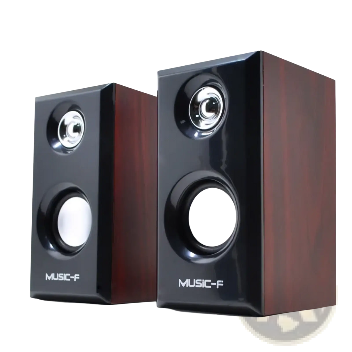 A pair of music-f usb wooden computer speakers with glossy black front and brown wood-grain sides featuring two drivers each