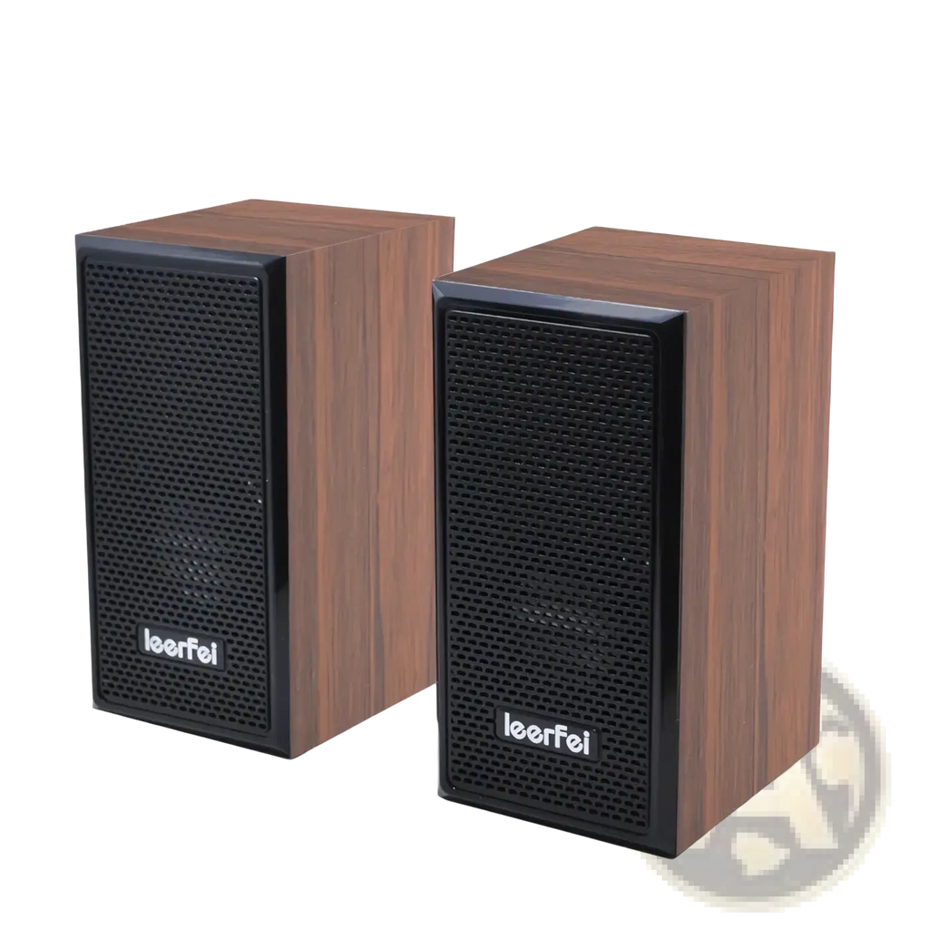 Pair of sleek wooden-finish USB computer speakers with black mesh grilles and leerfei branding for surround sound stereo