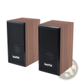 Pair of sleek wooden-finish USB computer speakers with black mesh grilles and leerfei branding for surround sound stereo