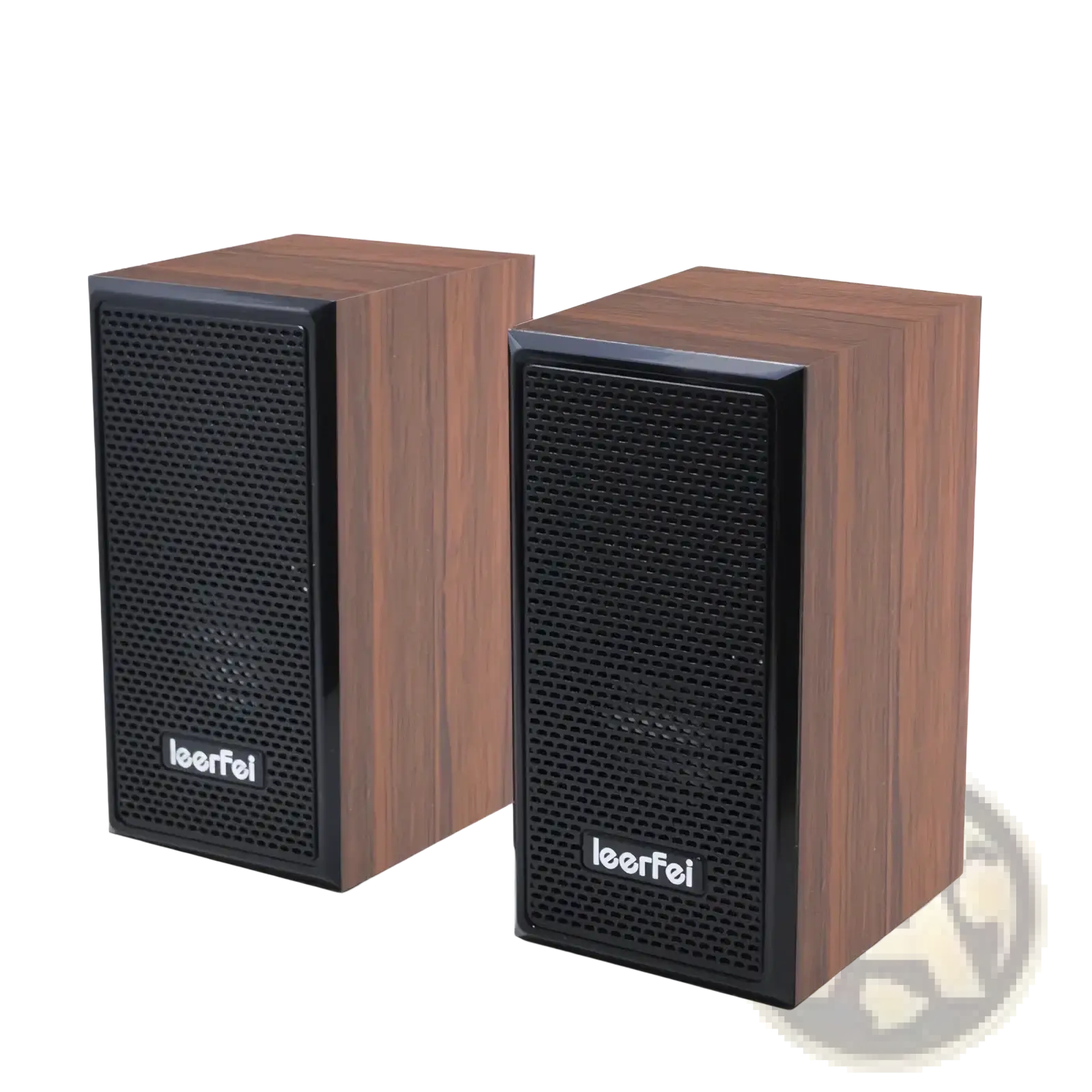 Pair of sleek wooden-finish USB computer speakers with black mesh grilles and leerfei branding for surround sound stereo