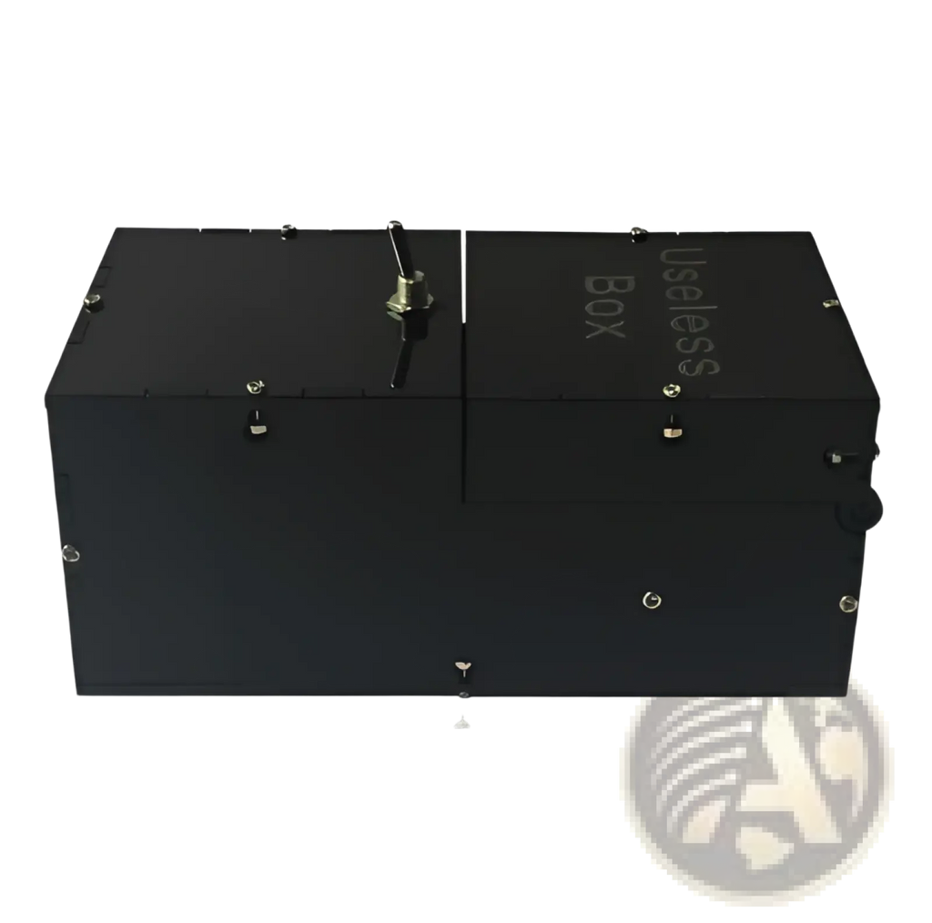 Black rectangular wooden useless box electronic toy with central toggle switch for entertainment and novelty use