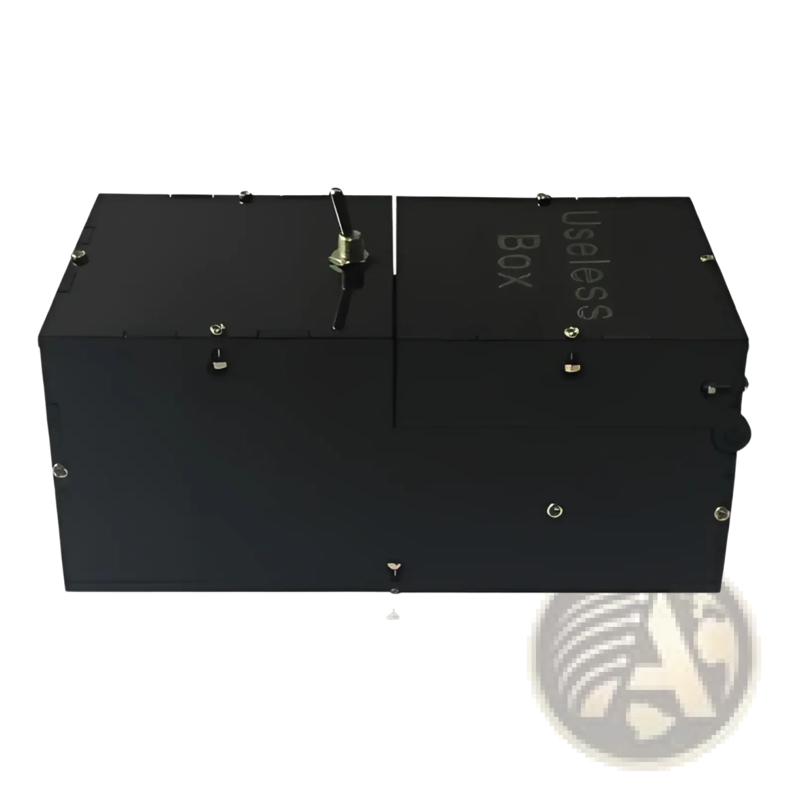 Black rectangular wooden useless box electronic toy with central toggle switch for entertainment and novelty use