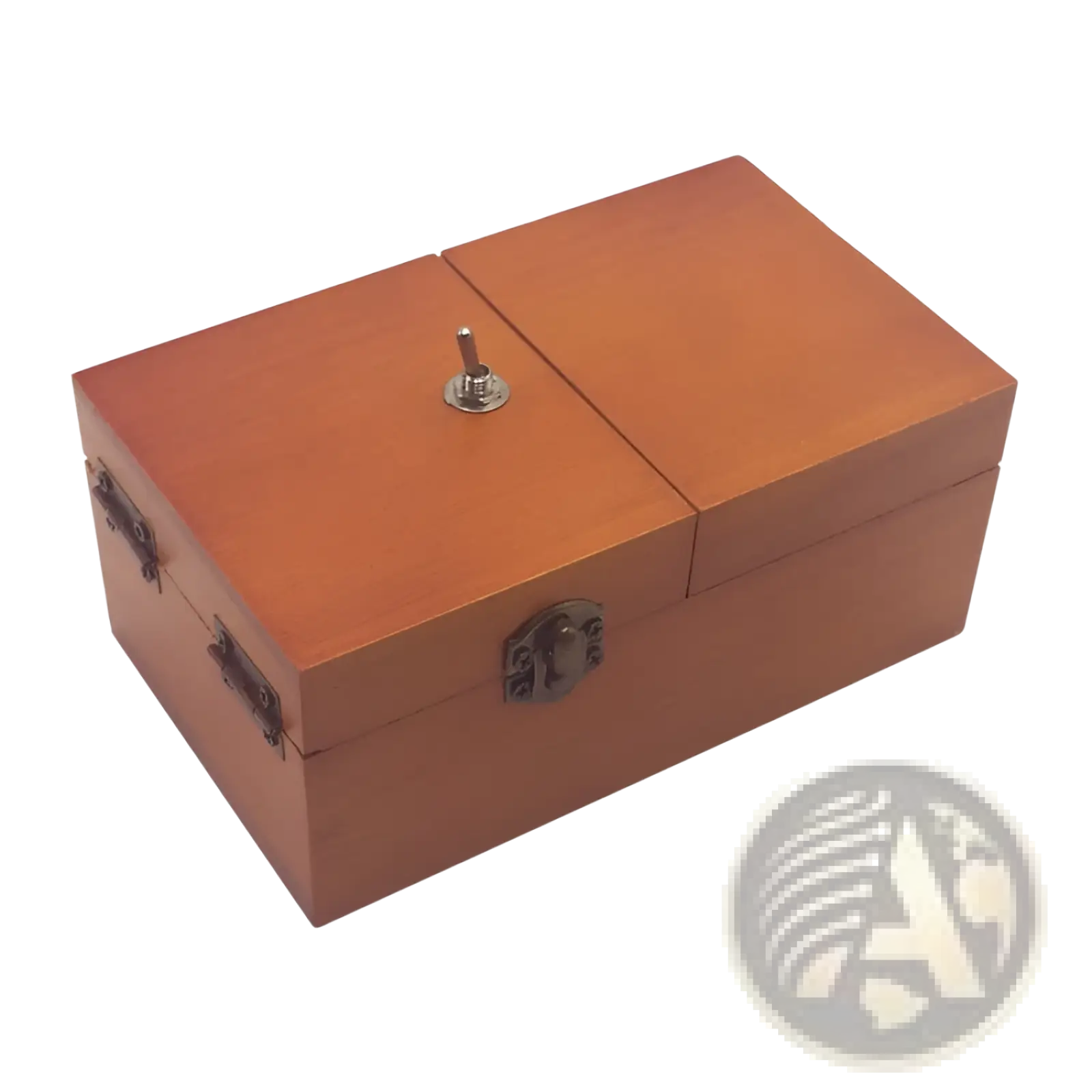 A warm brown wooden useless box electronic toy with a silver-toned crank and latch for interactive play