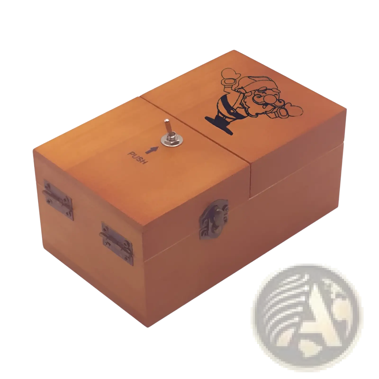 A wooden useless box electronic toy with carved santa claus design metal hinges latch and a silver push button
