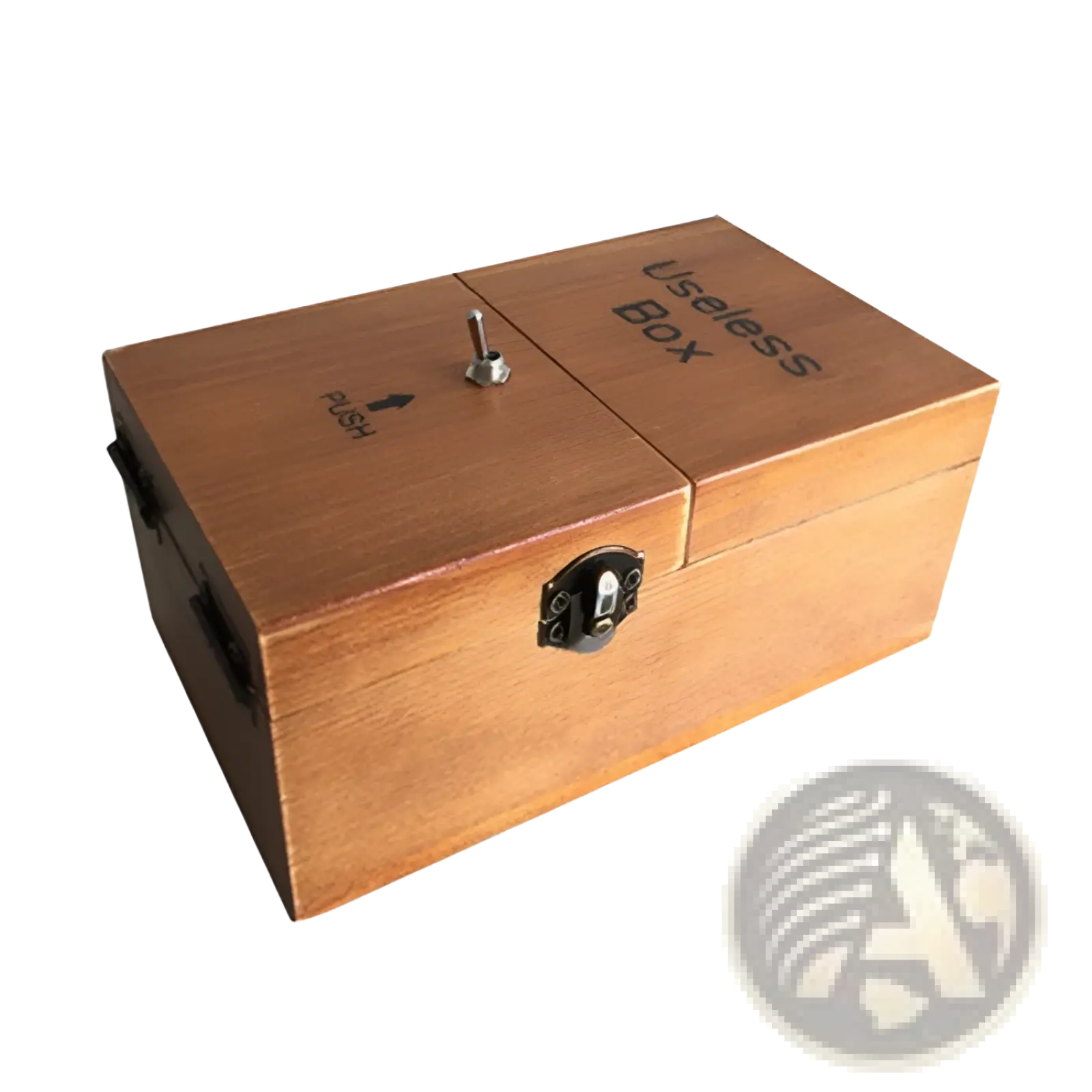 Wooden useless box electronic toy with hinged lid, engraved text, and push metal knob on top surface