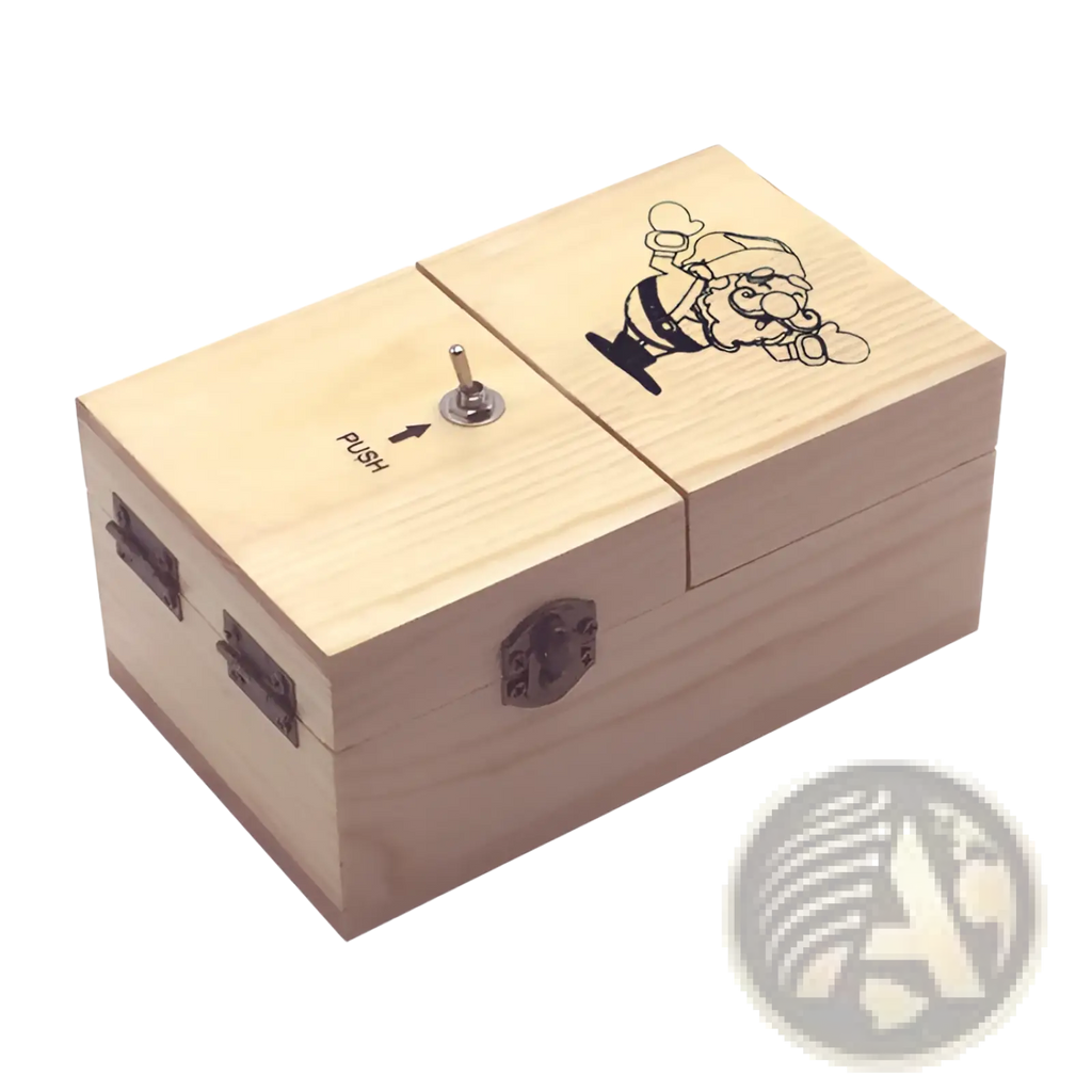 Light-colored wooden useless box electronic toy with carved cartoon character and metal push button latch