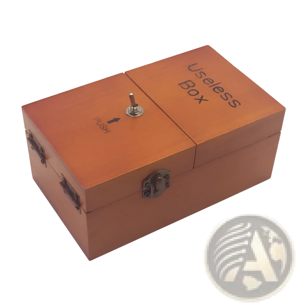 A wooden music box with warm brown finish metallic hardware and engraved text from the useless box electronic toy series