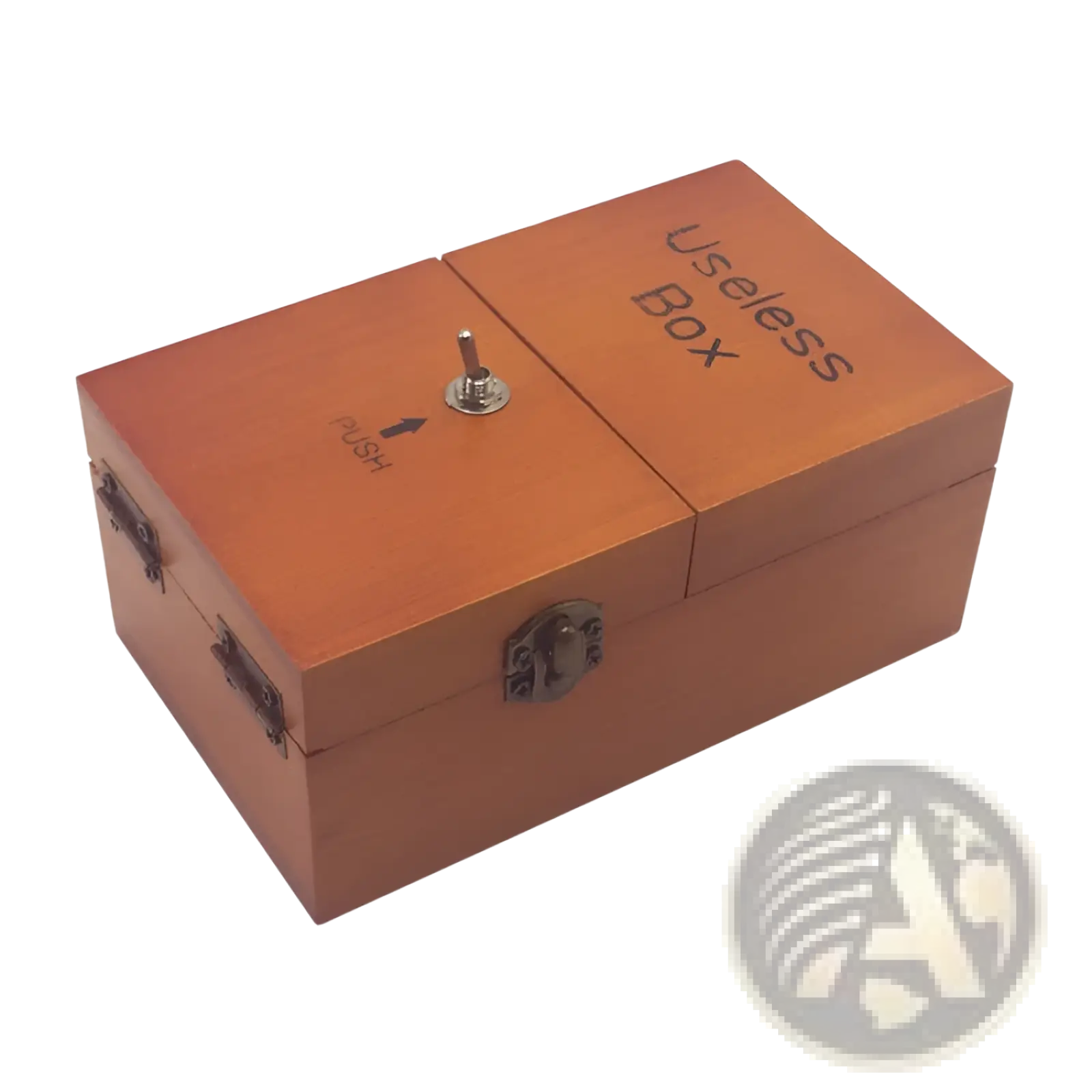 A wooden music box with warm brown finish metallic hardware and engraved text from the useless box electronic toy series