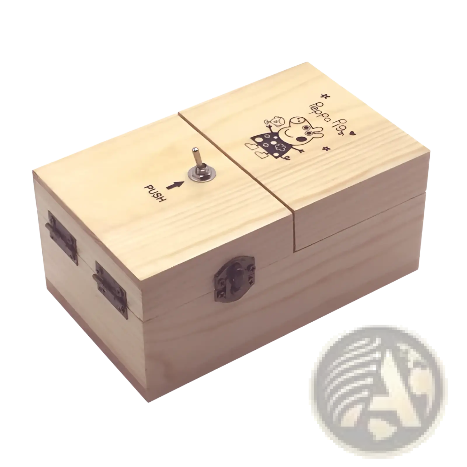 Light-colored wooden useles box electronic toy with metal push button crank and decorative brass latches