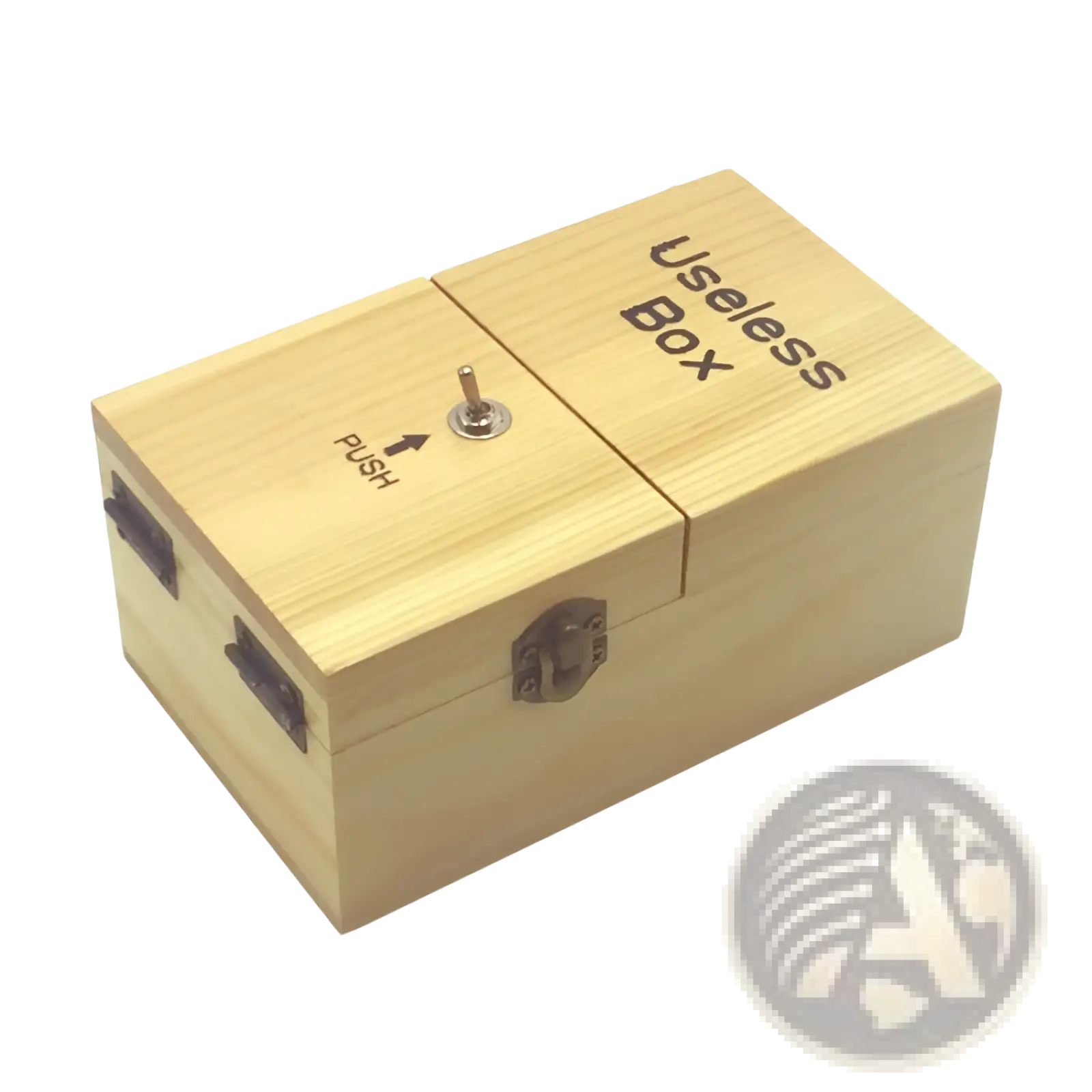Light-colored wooden useless box electronic toy with metal toggle switch and dark metal latches on the lid