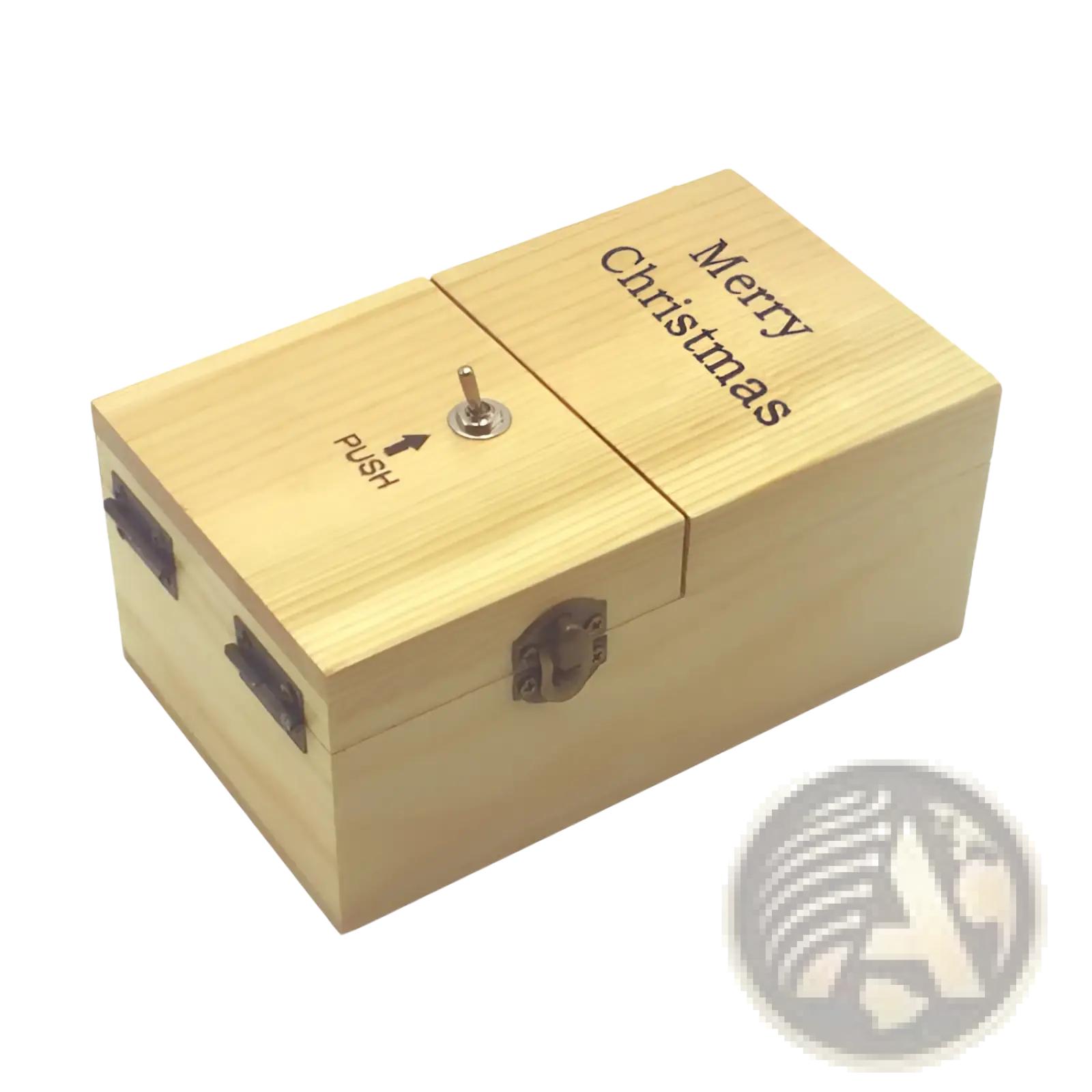 Light-colored wooden useless box electronic toy with crank latch and engraved merry christmas text and metallic button