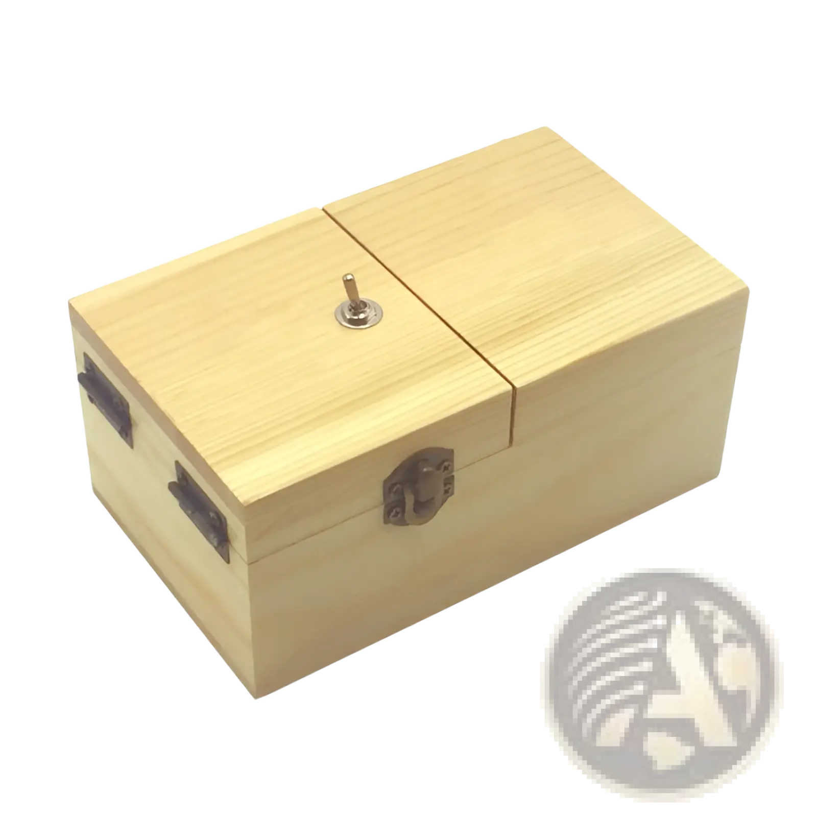 Light-colored wooden useless box electronic toy with silver-toned crank and metal latch for manual operation
