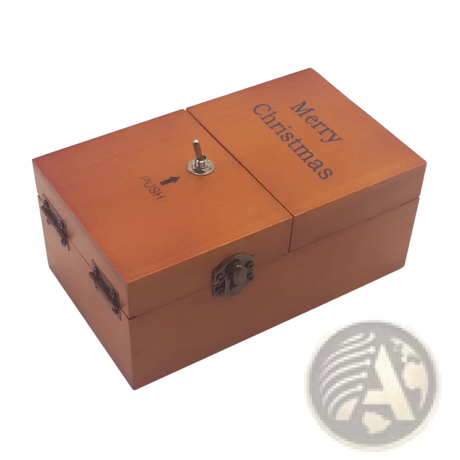 A wooden useless box electronic toy with crank and latch featuring warm brown finish engraved text and metallic hardware