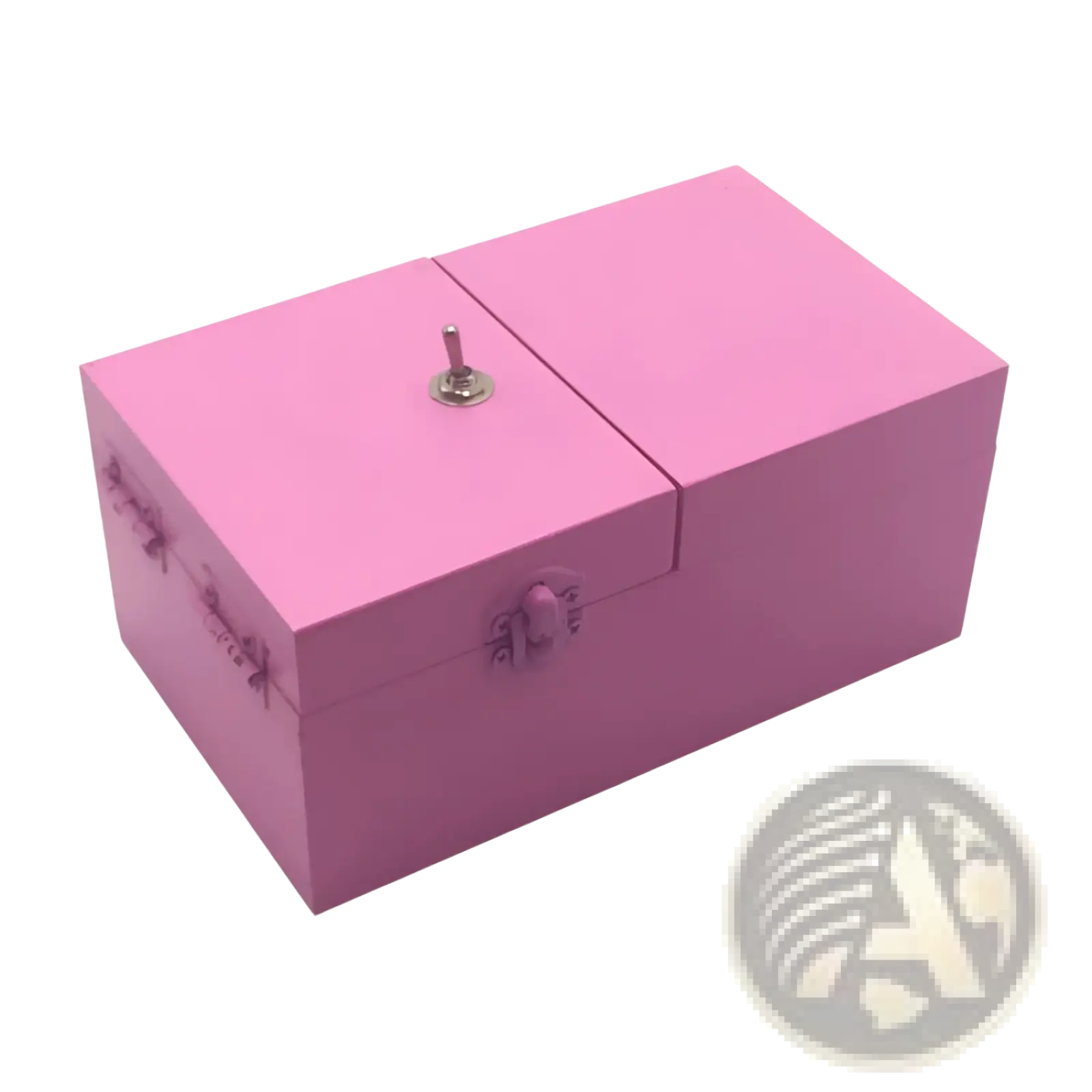 Pink wooden useless box electronic toy with silver-toned crank and decorative metal latch