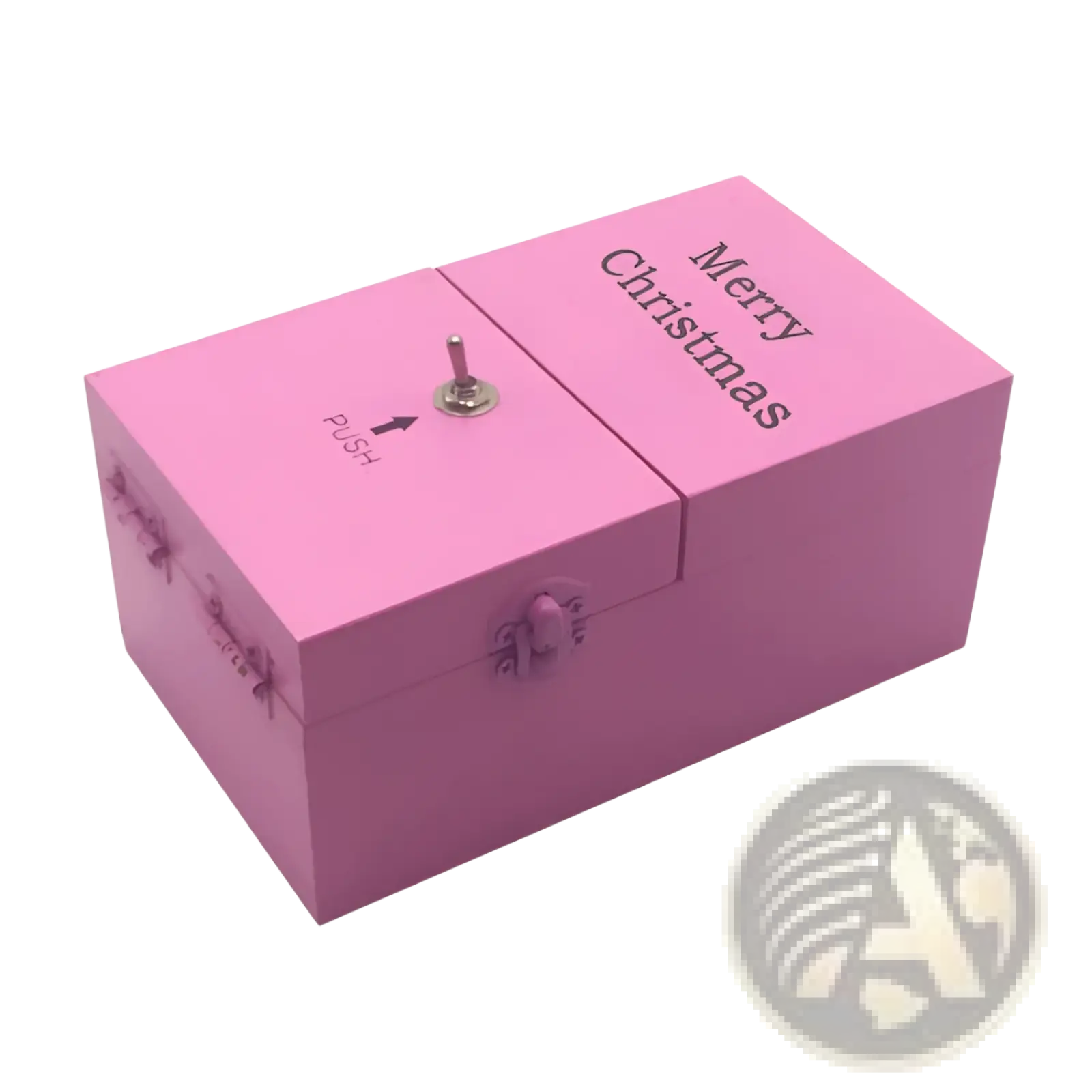 Pink wooden useless box electronic toy with silver push button and latch for music and crank operation